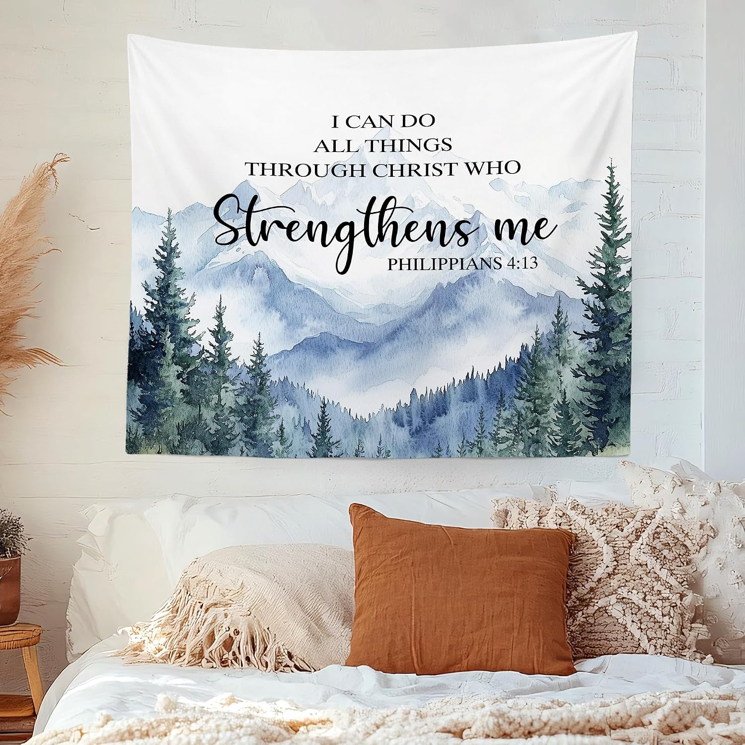 MNASAIOO Christian Mountian Woods Wall Tapestry Hanging for Bedroom, Bible Verse Scripture I can Do All Things through Christ Tapestries, Watercolor Wall Decor for Living Prayer Room Church 50x60in image 2