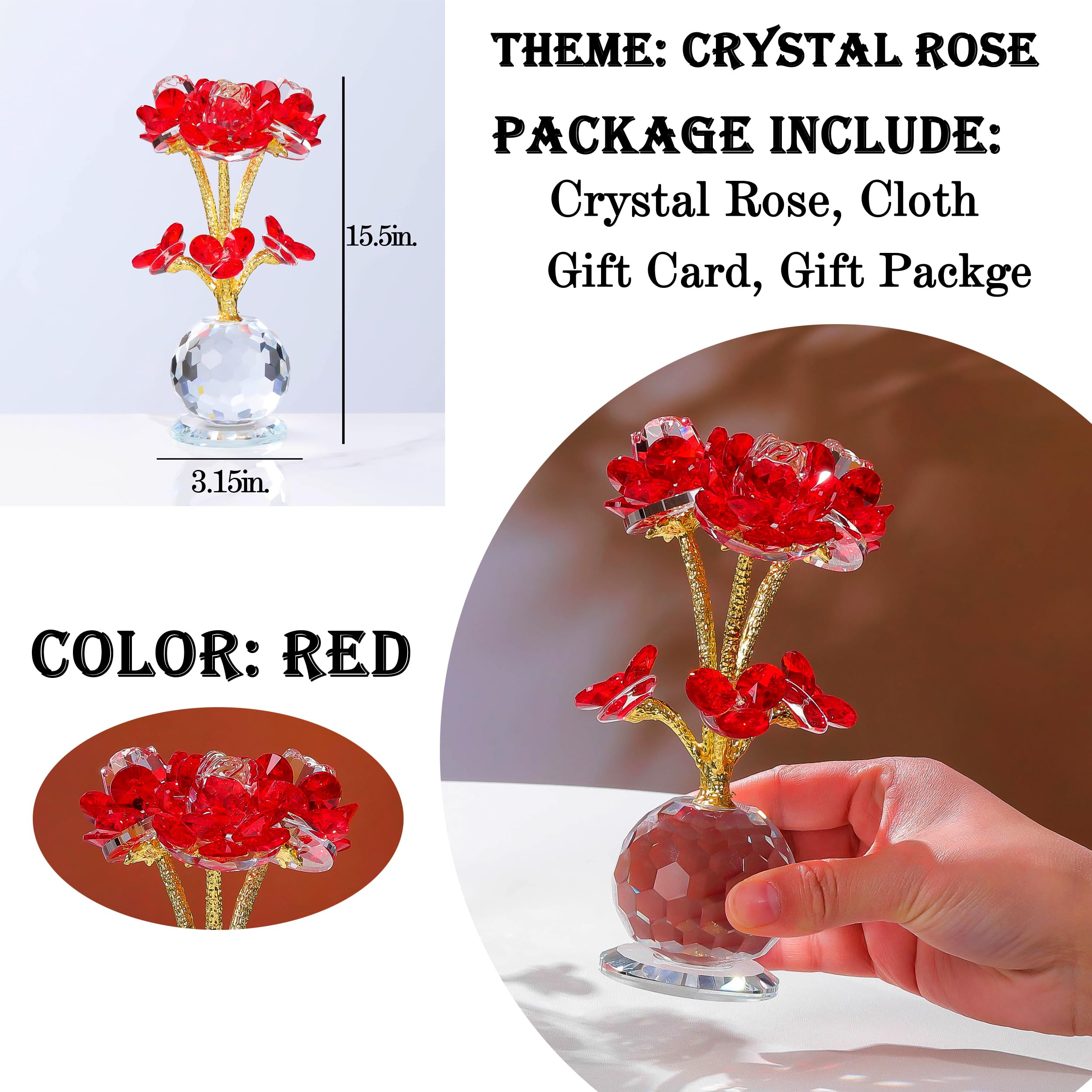 Amazon｜赤いバラの花のクリスタルの置物 花瓶付き - ガラスの花 茎の