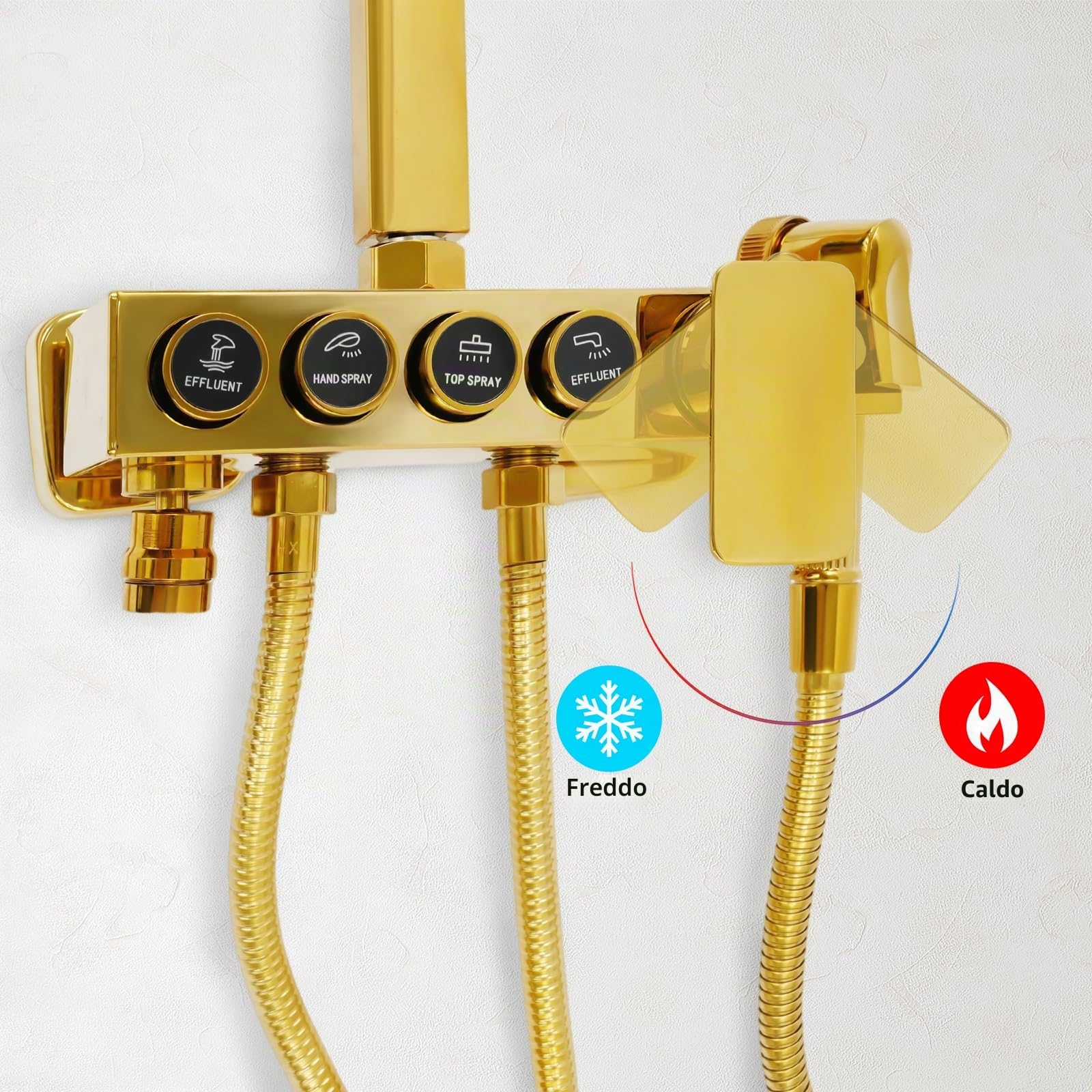 Sistema doccia dorato, regolabile in altezza (80-120 cm), set da parete con 4 funzioni, uscita acqua, doccia a pioggia, doccetta, rubinetto per vasca da bagno, bidet doccia