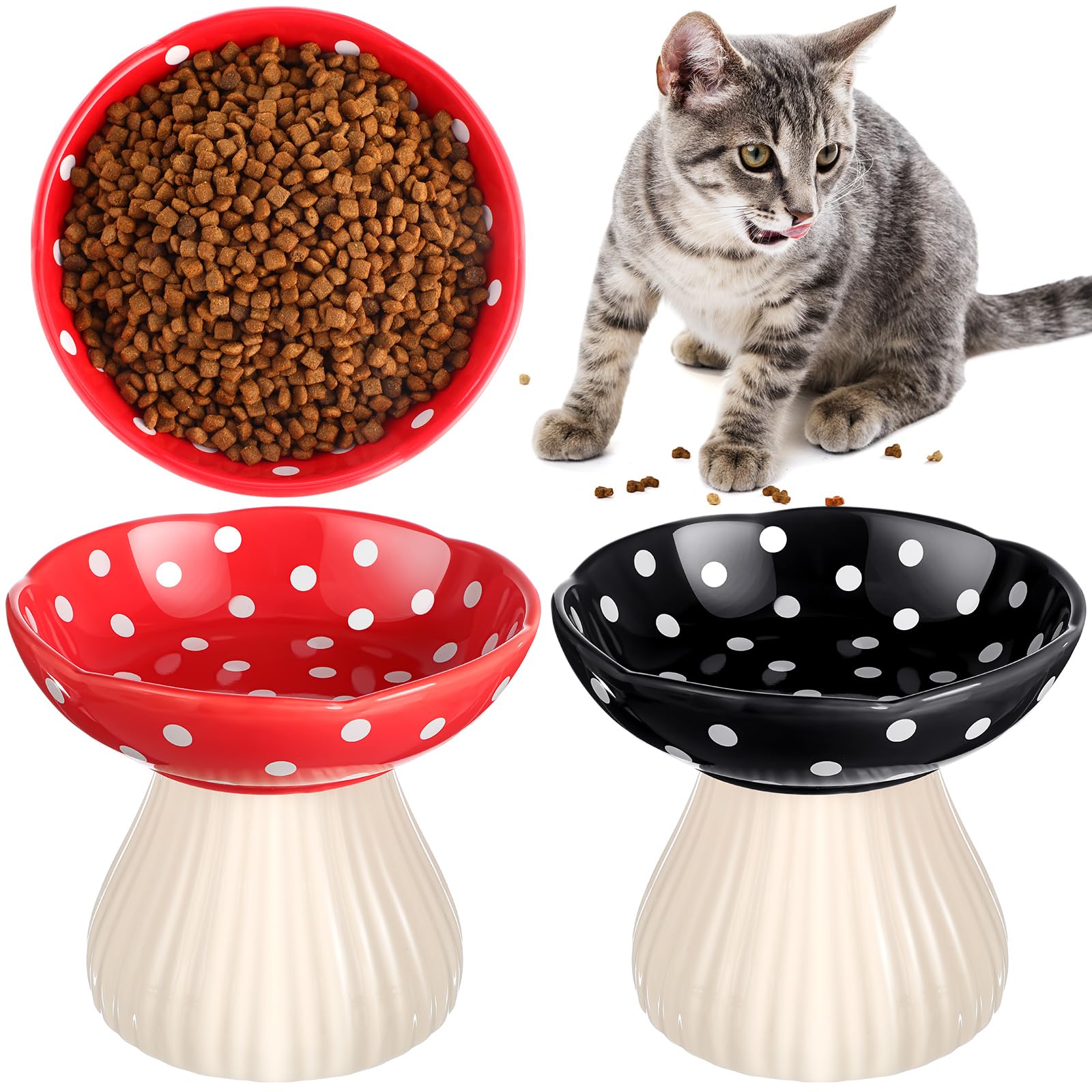 Teenyyou Erhöhter Katzennapf aus Keramik, erhöhter Katzenfutternapf, Schnurrhaarfreundlich, erhöhter Keramik-Katzennapf für Futter und Wasser, breiter Futternapf für flache Kätzchen, Rot, Schwarz, 2