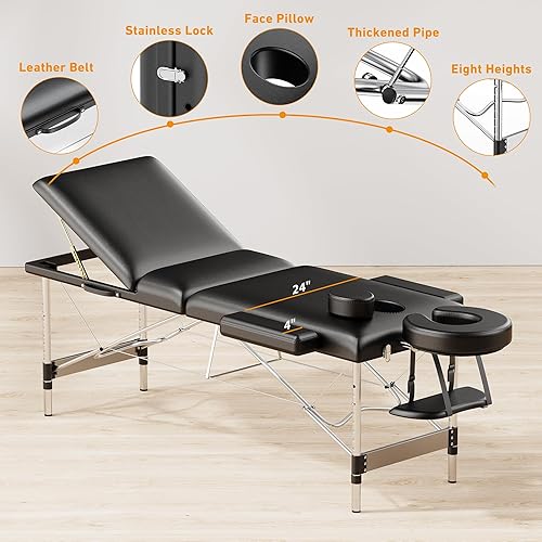 Vista 4 de Mesa de Masaje Portátil de 84" de Largo 24" de Ancho Profesional, Sofá de Masaje Reclinable de 3 Secciones, Cama de Aluminio Ajustable