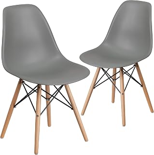 Flash Furniture 2 Pack Elon Series Moss Gray Plastic Chair with Wooden Legs for Versatile Kitchen, Dining Room, Living Room, Library or Desk Use