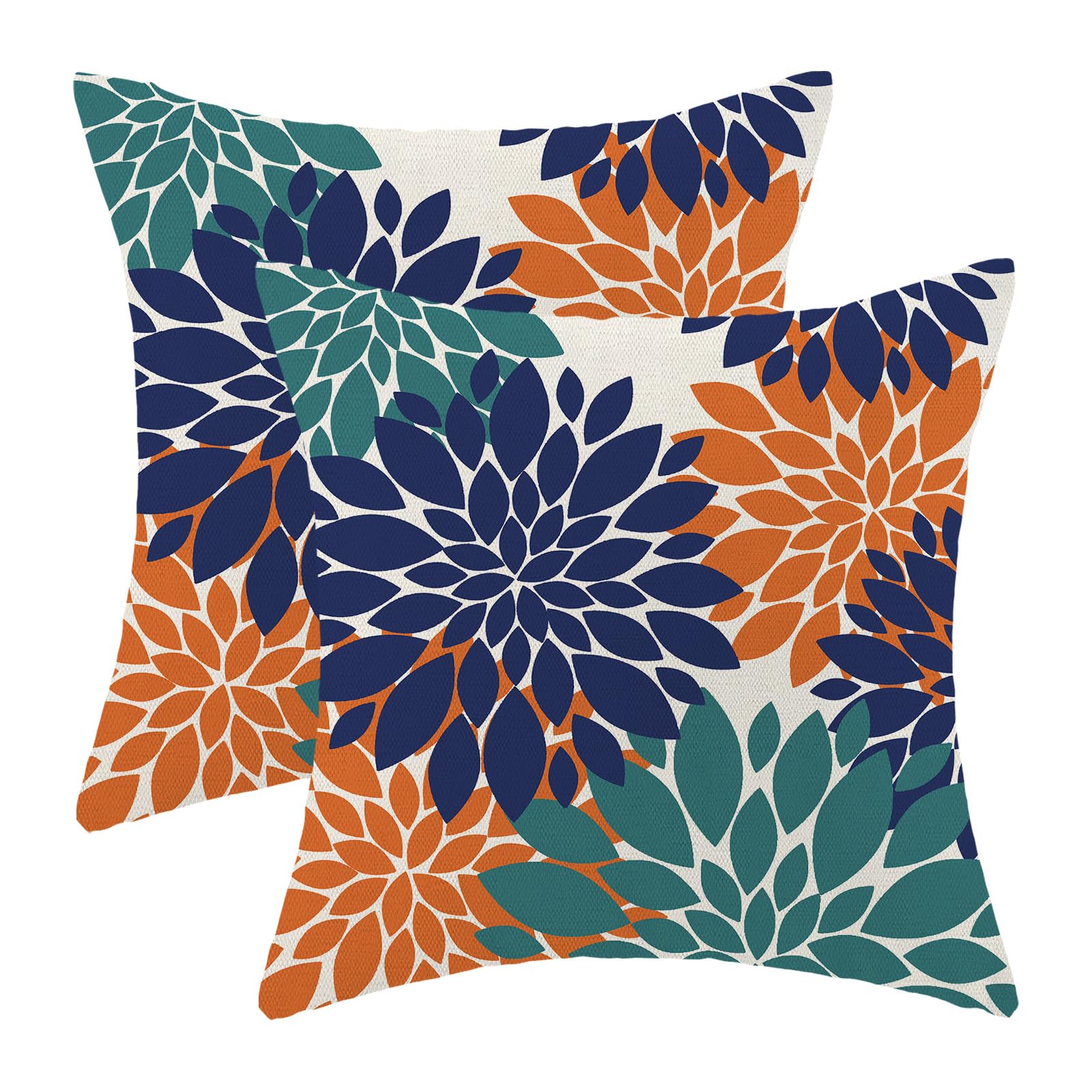 CXMEIFLY Navy Blue Summer Outdoor Pillow Covers 18x18 Inch Set of 2 Aqua Teal Orange Dahlia Floral Decor Throw Pillows Modern Geometry Flower Decorative Cushion Cases for Sofa Couch Bed Decorations — image 1