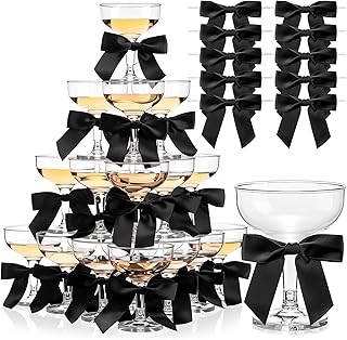 Zopeal 50 Set Champagne Coupe Cocktail Glasses 5 oz with Satin Ribbon Black Bow 3.5 Inch Plastic Margarita Martini Glasses for Birthday Bachelorette Party Gift Wedding Champagne Tower