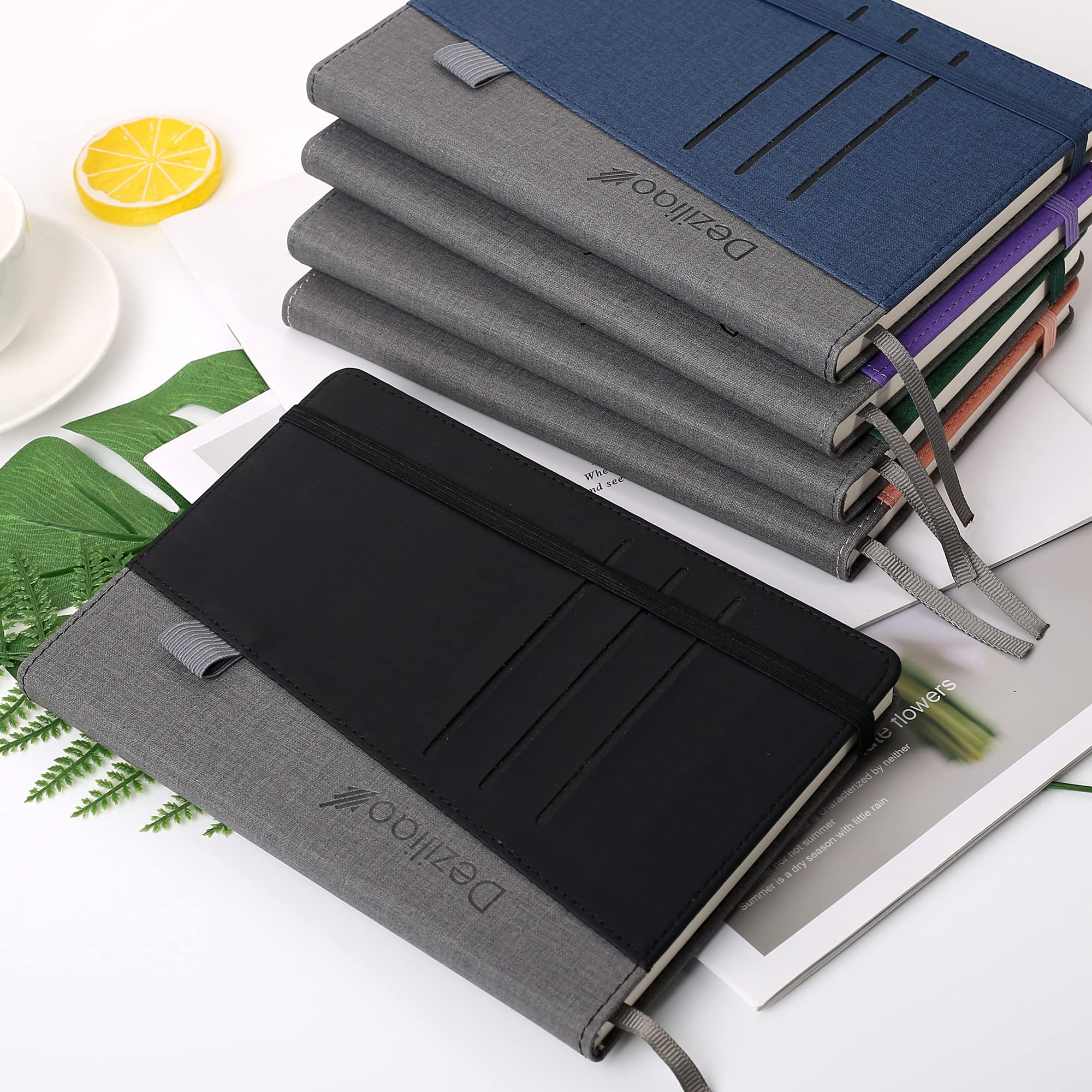 Deziliao Liniertes Tagebuch, Notizbücher mit Stiftschlaufe, Hardcover-Notizbuch-Tagebuch für die Arbeit, 100 g/m² dickes Papier mit Innentasche, Medium 14 x 21 cm, schwarz, liniert, 1 Packung