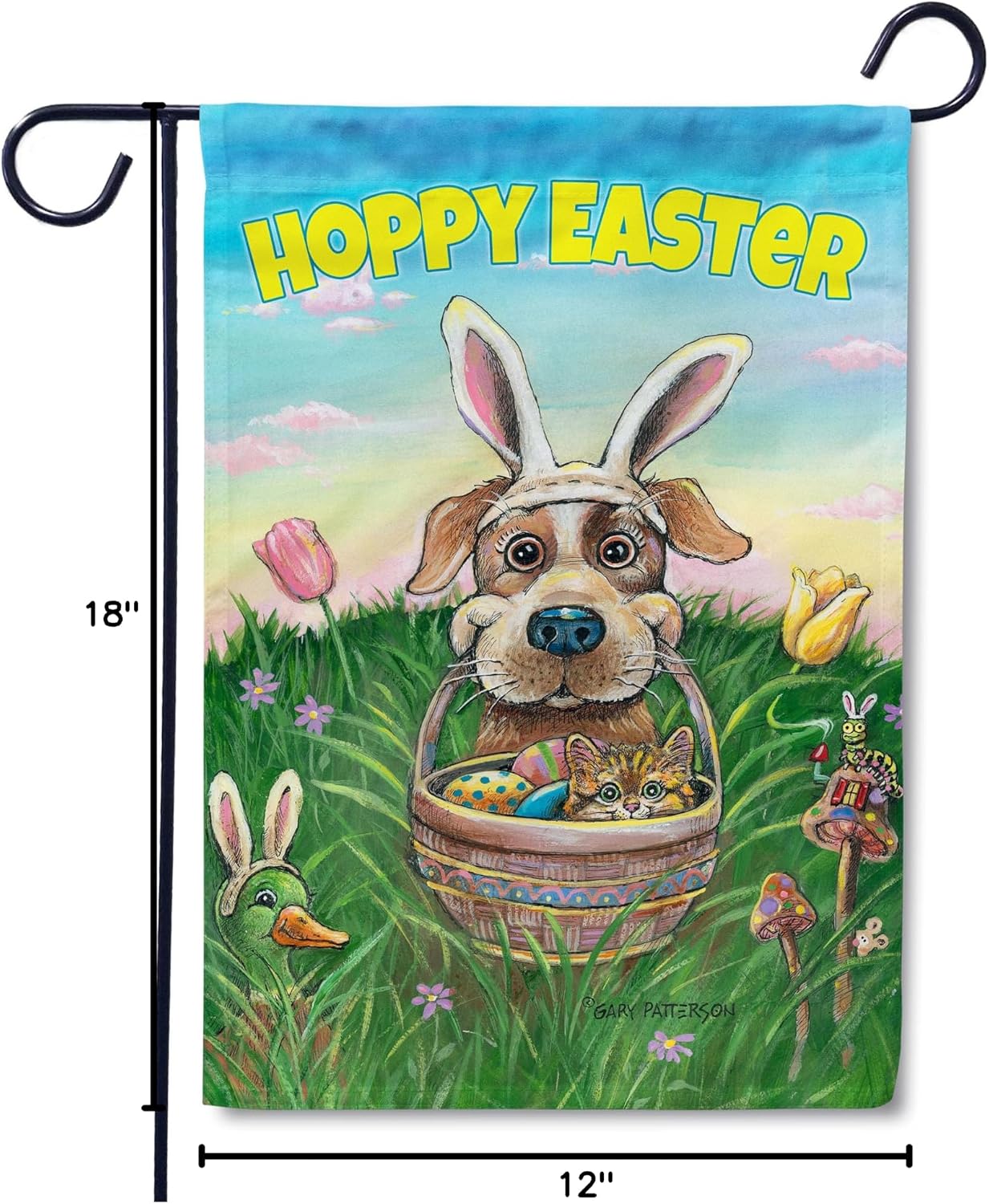 Flagology, Gary Patterson, Hoppy Easter Pup Funny Dog Garden Flag 12" x 18", Spring Yard Decor