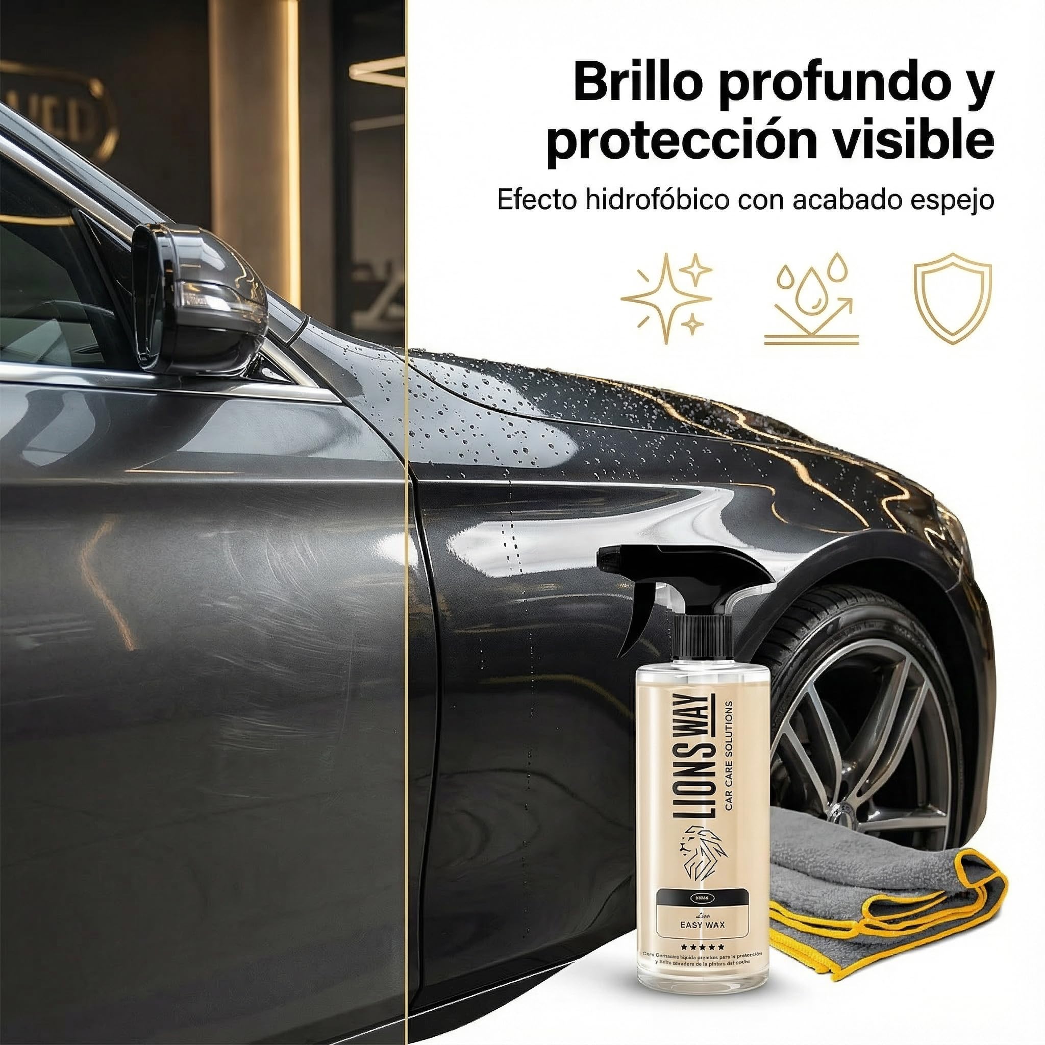 Cera de Carnauba para Coche 100% Pura - Tratamiento Cerámico e Hidrofóbico, Sin Silicona, Cera Líquida Alto Brillo, Sellador de Pintura Exterior, 500ml