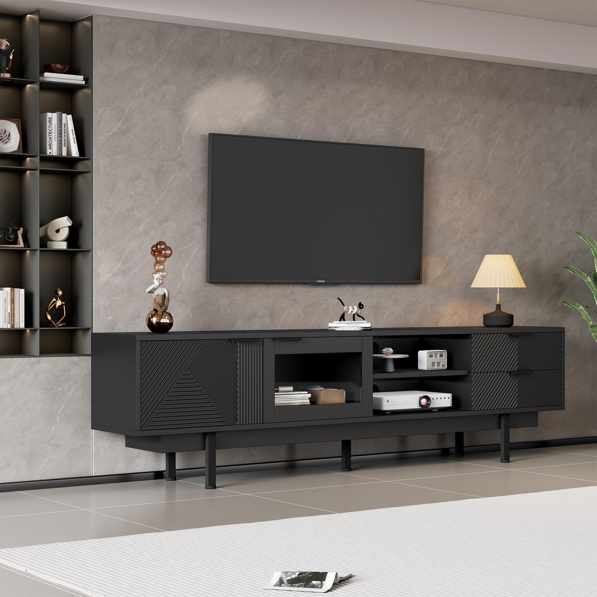 Mueble bajo para TV de 200 cm con 2 puertas y 2 cajones, elegante armario para TV de 80 pulgadas, para salón, mesa de TV, soporte de TV, color negro