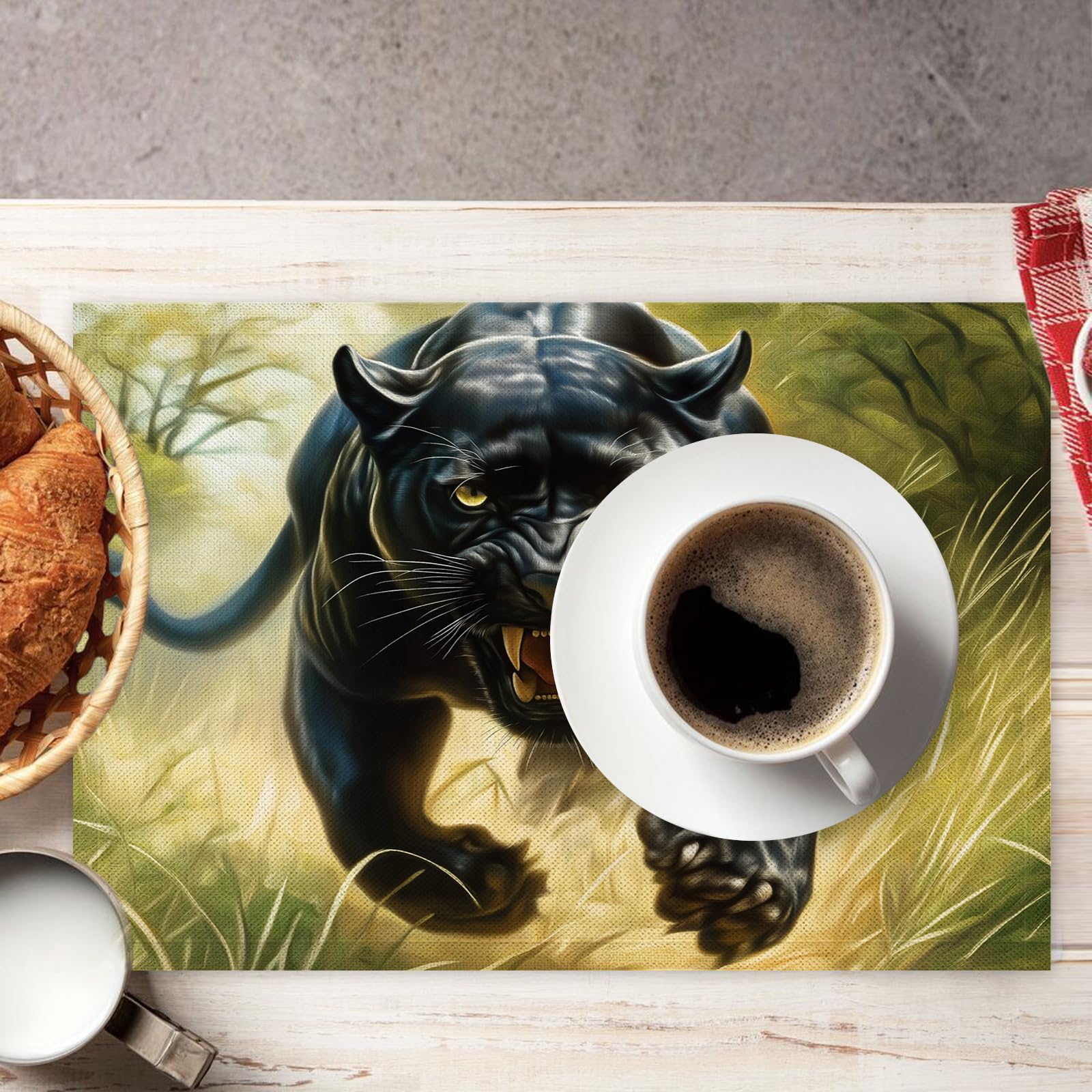 Tovaglietta Americana Animali retrò in Cotone Lino Rettangolare - Tovagliette Set di 8 Pantera nera nell'erba Resistente al Calore per La Cucina, Il L'Ufficio, 30 x 45cm