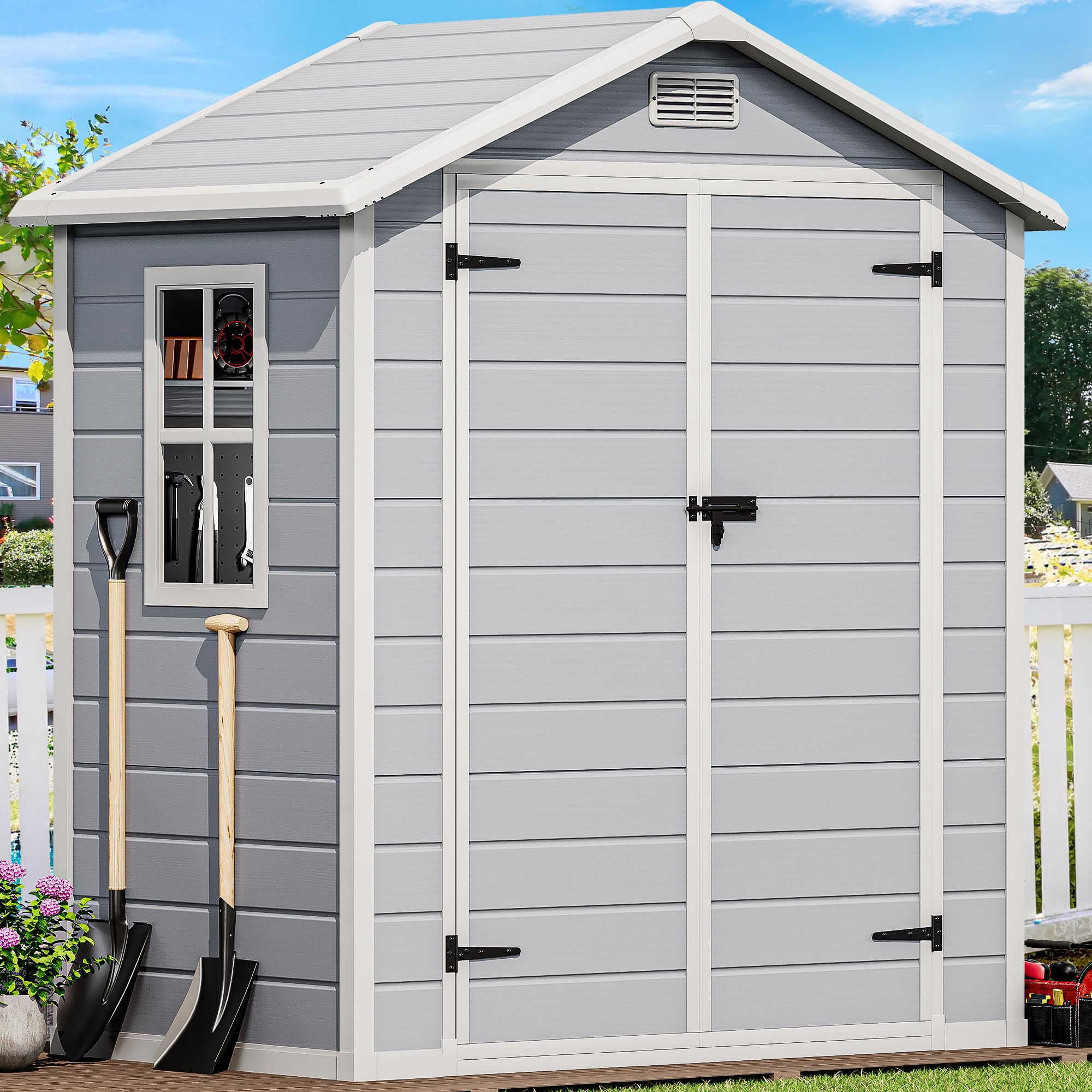 YITAHOME Gartenhaus Kunststoff 182x103x220cm,Garten Schuppen,Kaltgrau | Gartenschuppen mit Pultdach |Abschliessbar|UV-bestaendig|Boden inklusive|Fahrradgarage|Rasenmäher Unterstellplatz Aufbewahrug