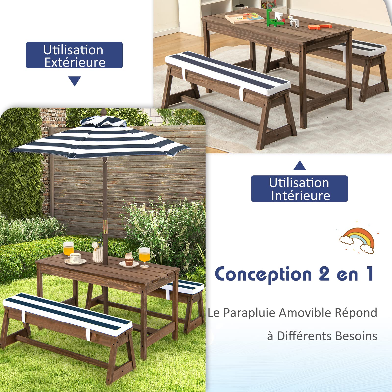 GOPLUS Table Enfant Extérieur avec Banc, Table Pique-Nique Enfant en Bois avec Parasol Hauteur Réglable, Salon de Jardin pour 1-4 Enfants, pour Terrasse, Patio, Balcon (Bleu)