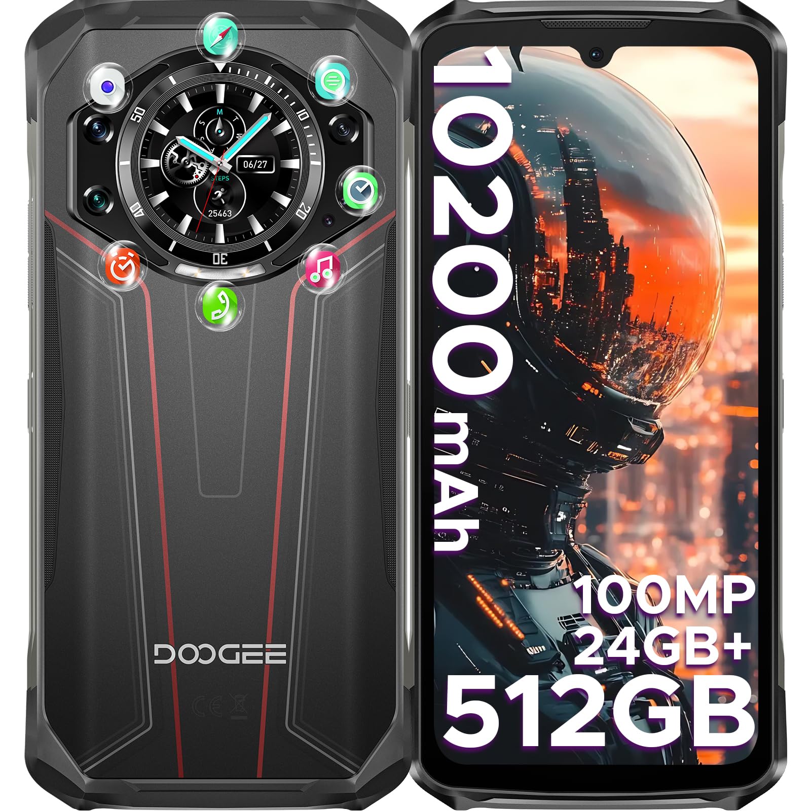 DOOGEE S119 Rugged Smartphone Android, 24GB+512GB/2TB, 10200mAh/33W, 1.32" Rear Display, 100MP+20MP, 6.72” FHD+, 3 Card Slots, Dual SIM IP68/IP69K Rugged Phone, Face/Fingerprint Unlock, NFC