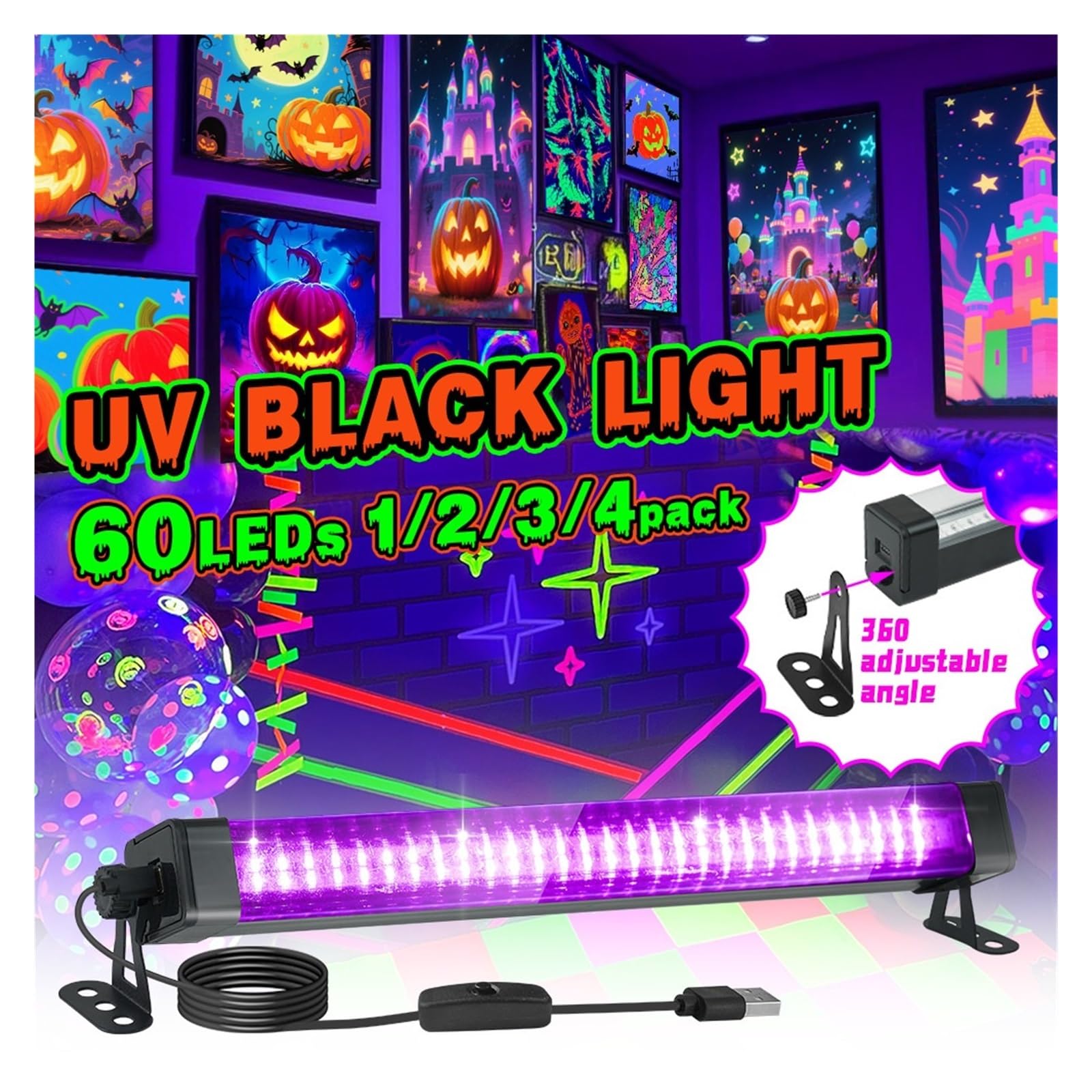 Tubo de luz negra LED 60 luces - Con interruptor, rotación 360 ​​grados, lámpara UV for fiestas fluorescentes, arte corporal, Halloween y Navidad, Multiuso confiable(60LEDs-3P)