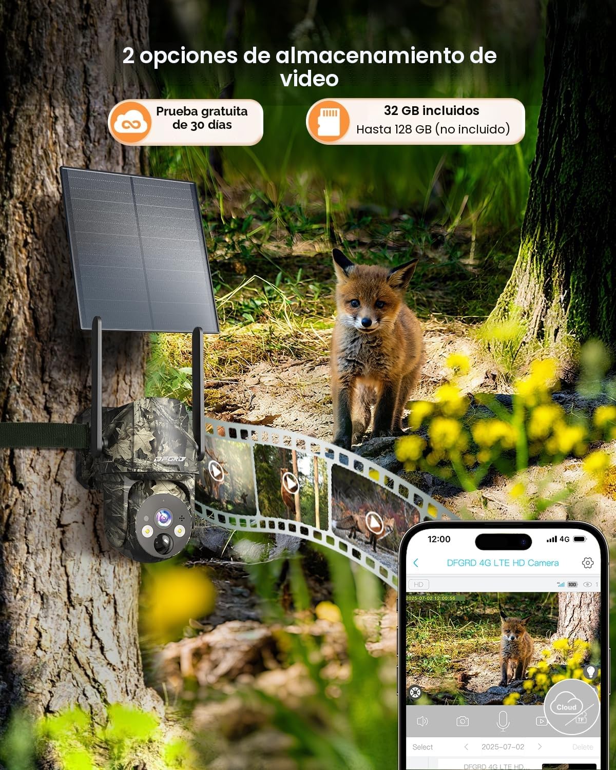4G LTE Cámara Vigilancia Exterior Solar con Tarjeta SIM sin WiFi, 2K PTZ 360° Batería 10400mAh, Detección Movimiento PIR, Visión Nocturna Color, Audio Bidireccional, IP66