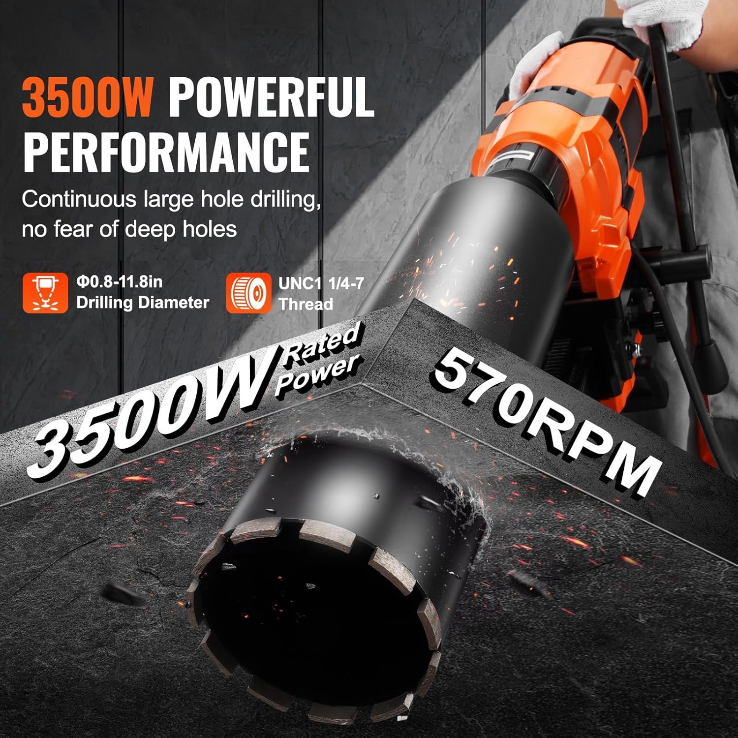 Core Drill Machine, 0.8-11.8in Drilling Diameter Diamond Core Drill Rig with Stand and Core Drill Bit, 3500W Rugged Concrete Core Drill, Wet and Dry Use, For Concrete, Brick, Marble