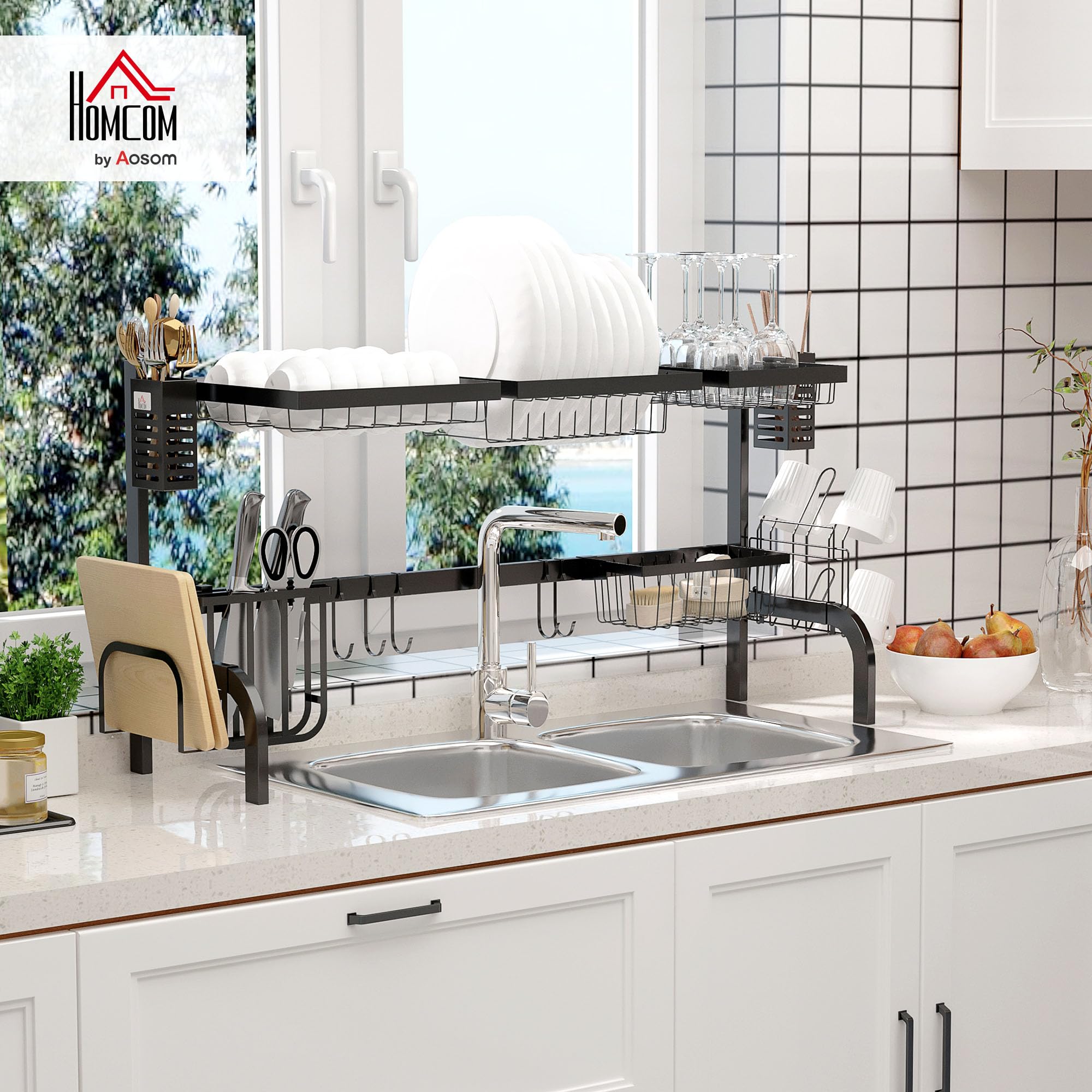HOMCOM Abtropfgestell Geschirr 2-stufig mit Haken 100 cm Stahl Schwarz | Abtropfständer, Tellerregal, Zubehör, Abtropfgitter Gestell für Küchenspüle