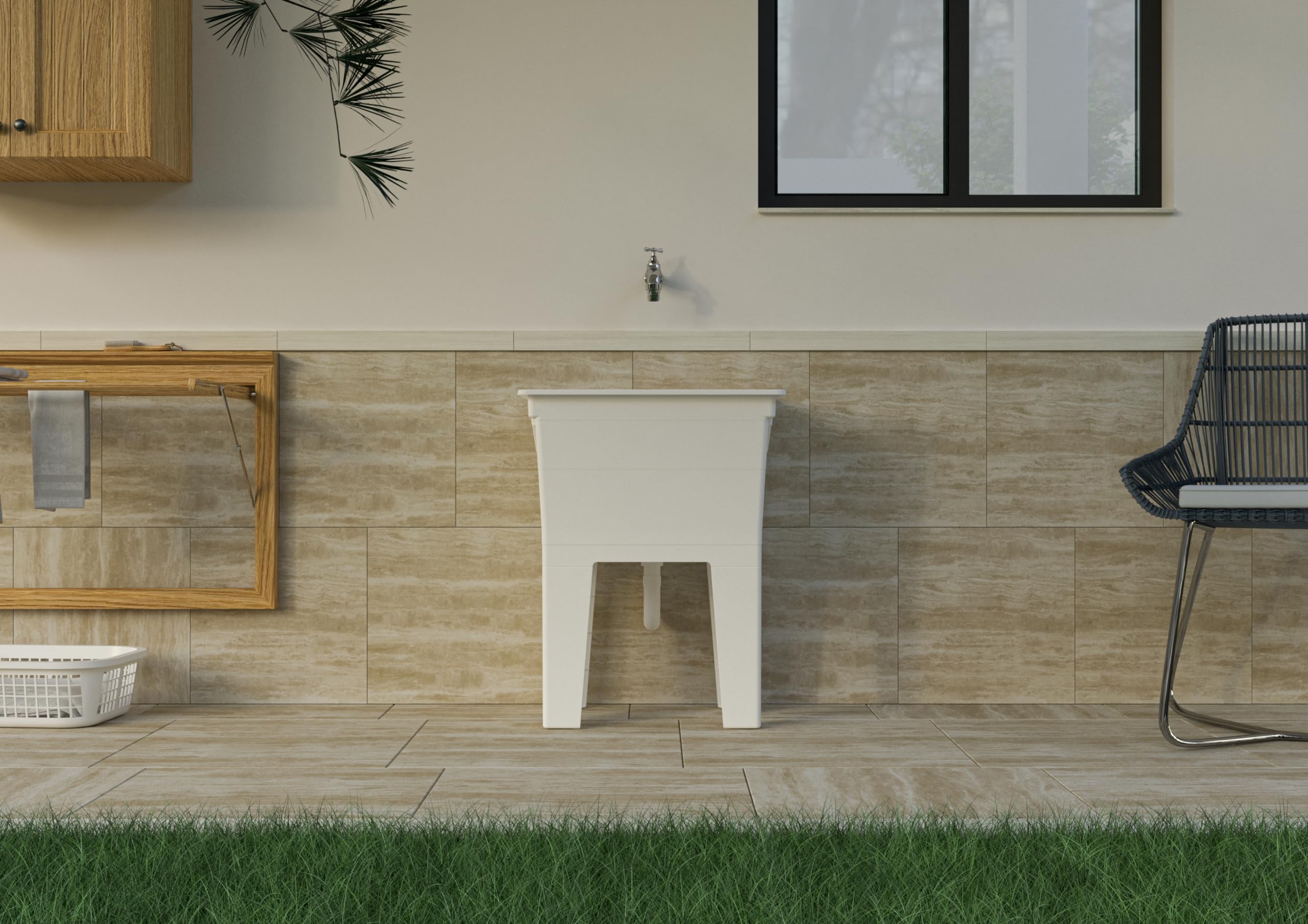 Adventa: Lavadero monobloque de resina de PP con tabla de lavado, fácil de montar, resistente a los ácidos de uso común, lavadero, garaje, exterior, 59L x 40P x 74H cm, blanco