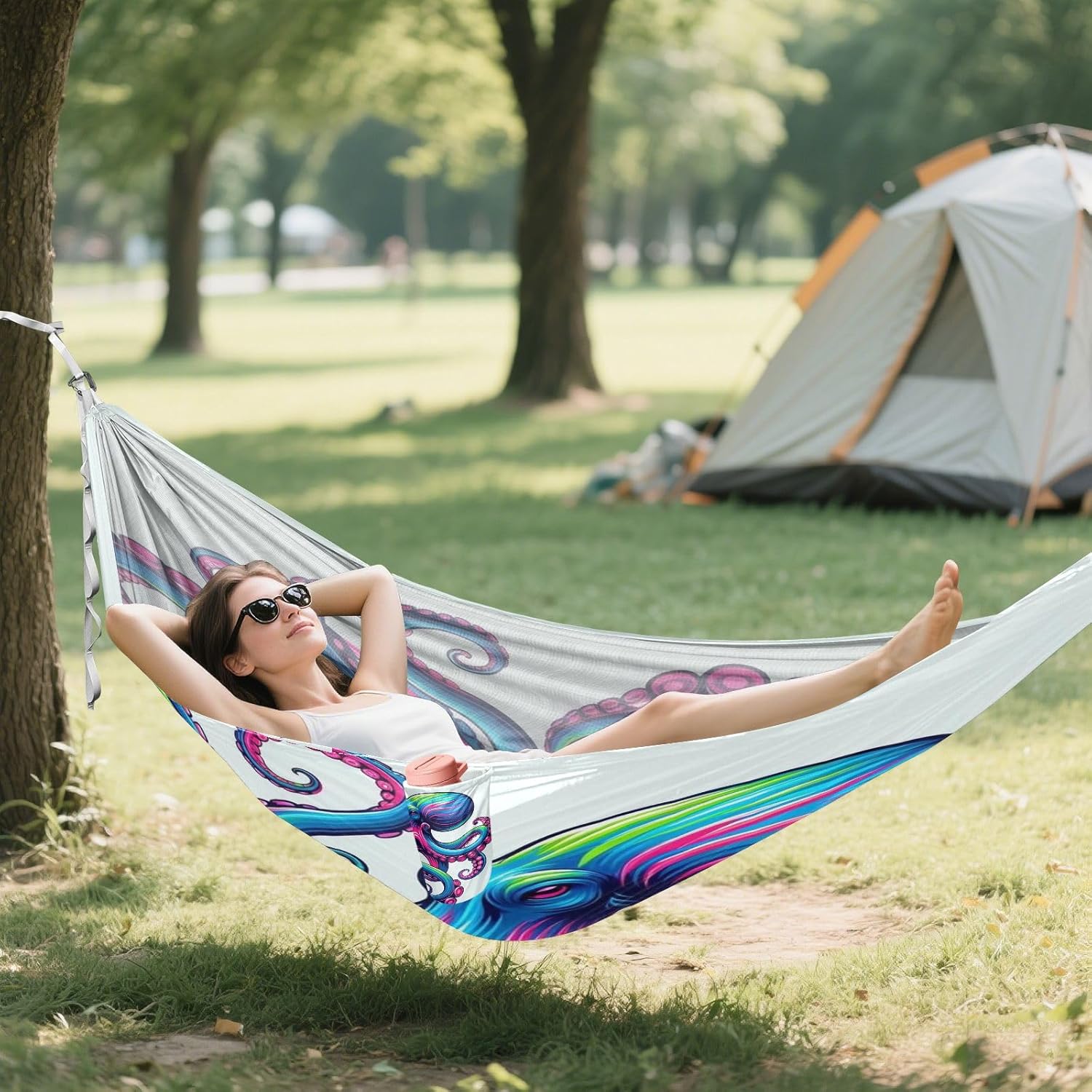 ALAZA Rainbow Octopus Camping Hammocks Single or 2 Person 500 lbs Portable Parachute Travel Hammock w/Tree Straps for Hiking Backpacking Indoor Outdoor