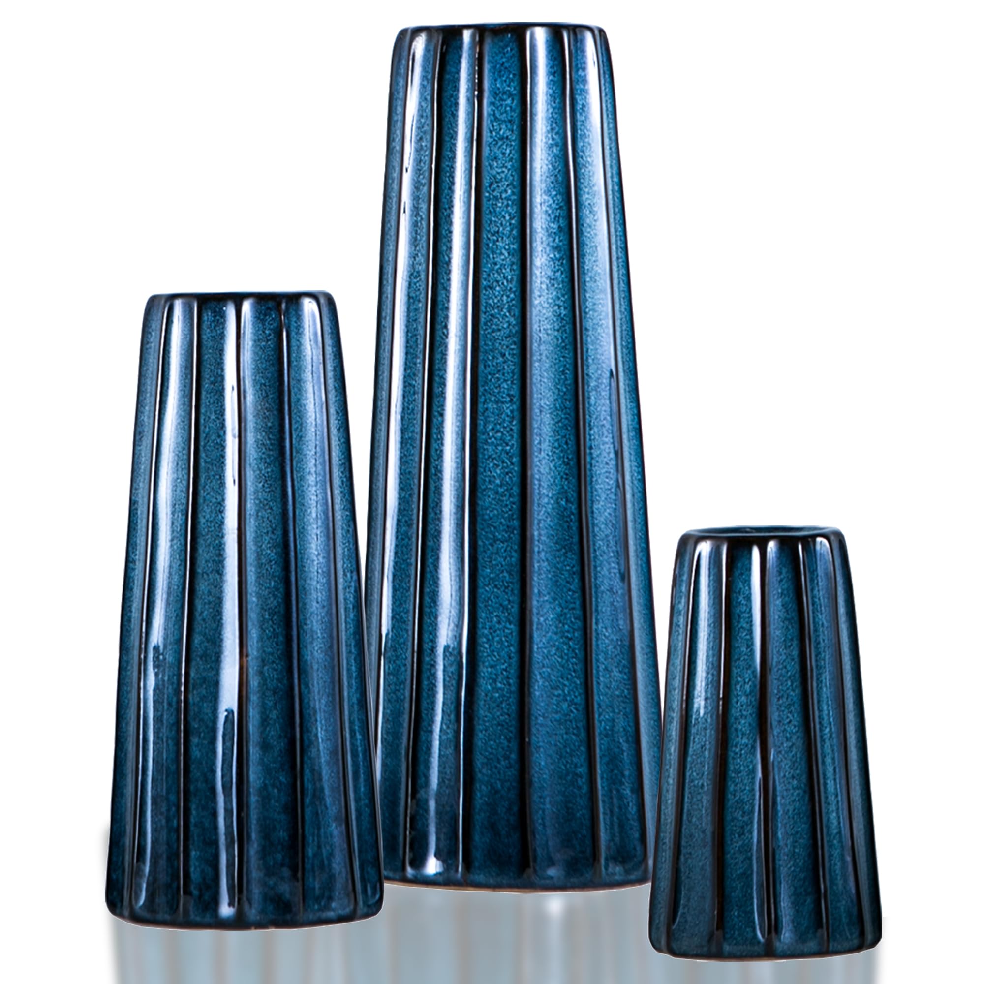 Blue Ceramic Vases - 3 Small, Medium, Large Ribbed Vases for Flowers, Modern Minimalist Home Decor, Decorative Pottery Glazed Vases for Bookshelves, Fireplaces, Entryways, Dining Tables
