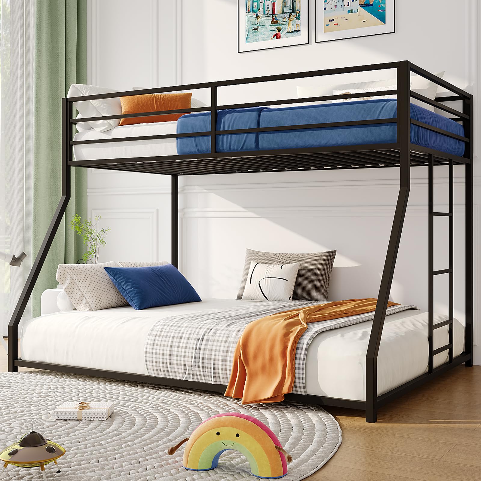 Twin Over Full Low Bunk Bed Frame for Kids Teens Adults, Metal Heavy Duty Sturdy Bunk Bed with Guardrail & Convertible Ladder for Dorm Apartment Small Bedroom, No Box Spring Needed, Black