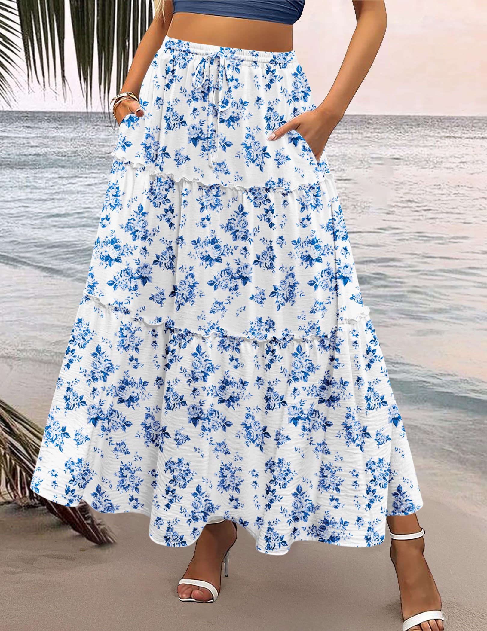 Zeagoo Maxi gonne casual da donna 2025 a vita alta Boho gonne con stampa floreale lunga gonna fluida con tasche