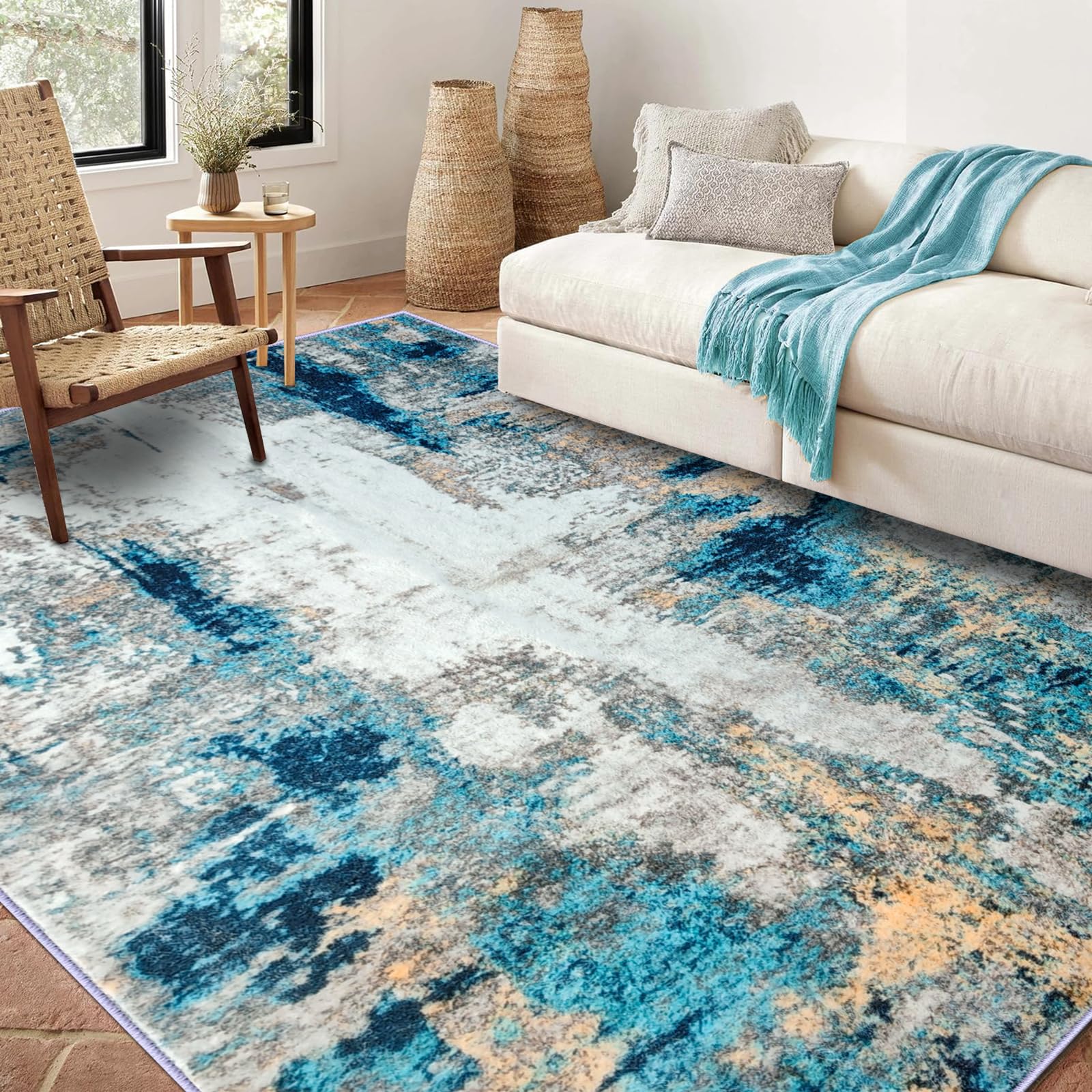 Yunhan Teal Rugs for Living Room, Machine Washable Low Pile Rug