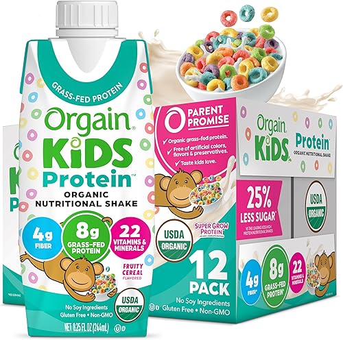 Orgain Organic Kids - Batido nutricional de proteínas, cereales frutales, aperitivos para niños con 0.31 onzas de proteína láctea, 22 vitaminas y
