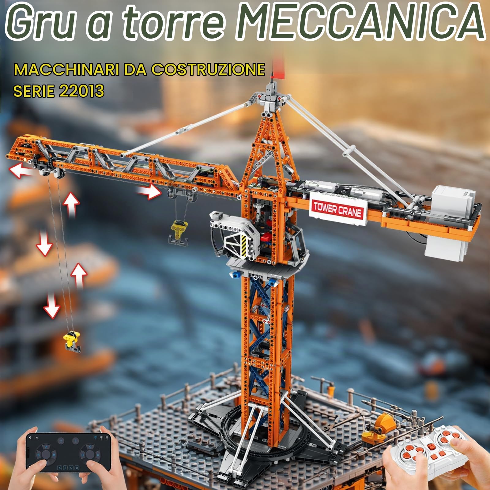 Reobrix Kit modello di gru a torre RC con doppio motore, 1176 pezzi, giocattolo per adulti, regalo per uomini e amanti dei macchinari edili 22013