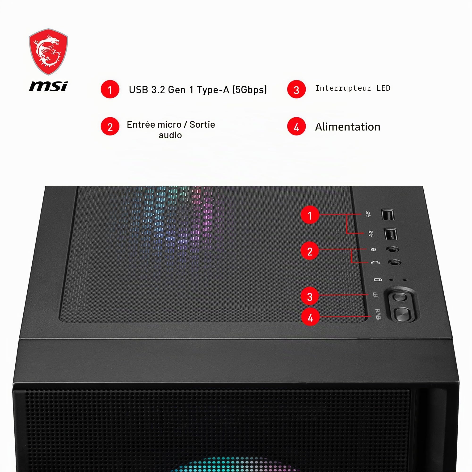 MSI MAG Forge 321R Airflow - Boîtier PC de Jeu de qualité supérieure - Panneau latéral en Verre trempé - Ventilateurs ARGB 120 mm - Support de Refroidissement Liquide jusqu'à 360 mm - Panneau Avant