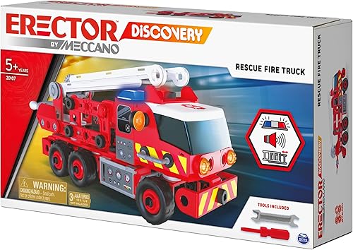 Miniatura 8 de Meccano Kit de coche modelo de camión de bomberos (152 piezas) sonido de sirena alimentado por batería, luces y escalera giratoria (mayores de 5