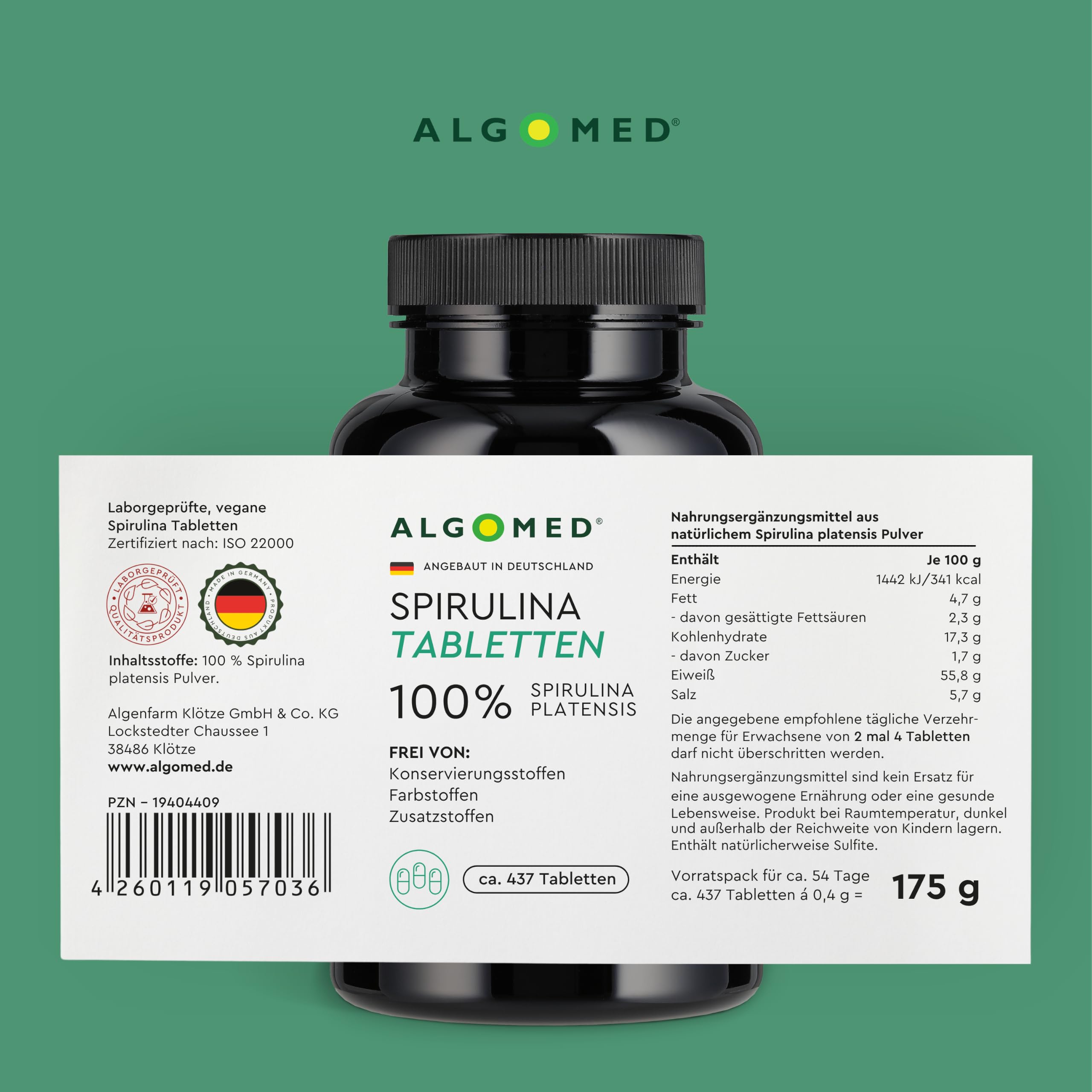 Spirulina Tabletten aus Deutschland - ca.437 Premium Spirulina Platensis Presslinge - 100% rein, ohne Zusätze - laborgeprüft, kontrolliert & vegan - (1 x 175 g)