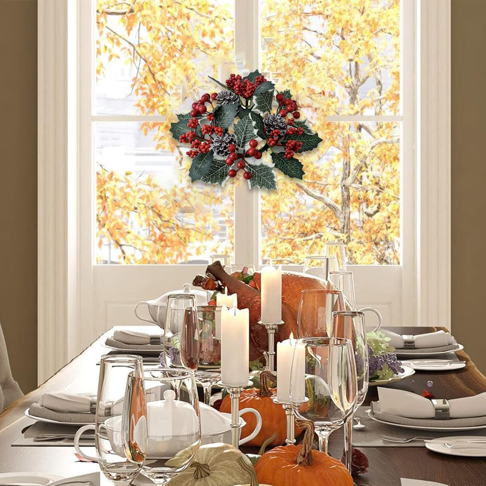 Couronne Bougeoir De Noël Avec Baies Artificielles - Décoration Porte, Table, Cheminée (diam. ~23 Cm)