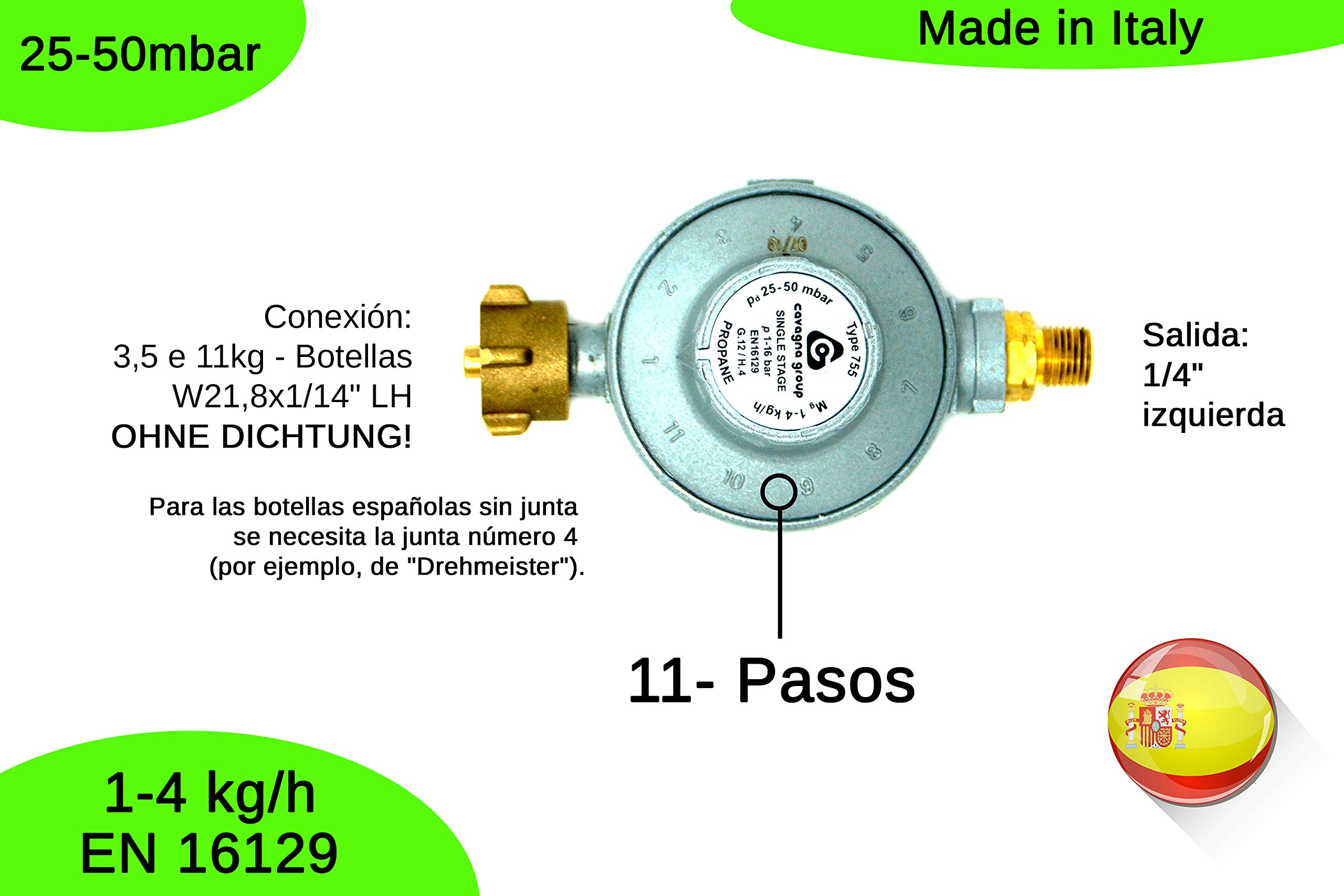 CAVAGNA Regulador de Baja presión 25-50mbar Regulador de presión de Gas Ajustable de 11 etapas para Parrilla de Gas, Calentador Radiante, Calentador Radiante para terraza, Olla