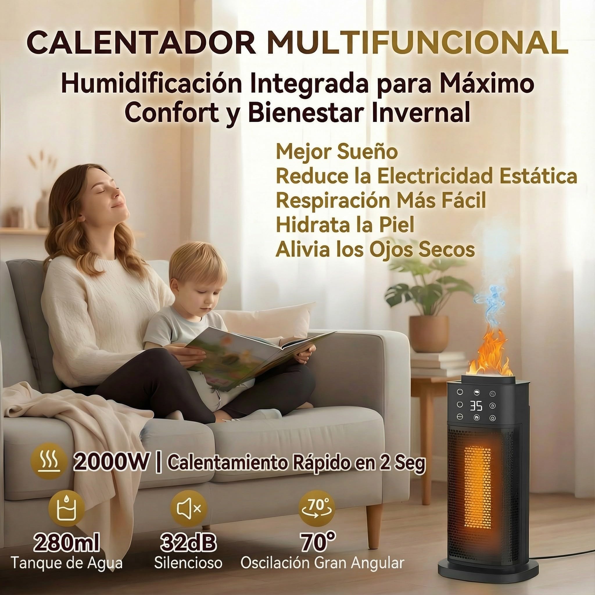 Eléctrico Cerámico 2000W, Bajo Consumo y Silencioso, 3 Niveles de Potencia, Temporizador, Función Frío y Calor, Protección contra Sobrecalentamiento y Humidificador, para Oficina, Salón