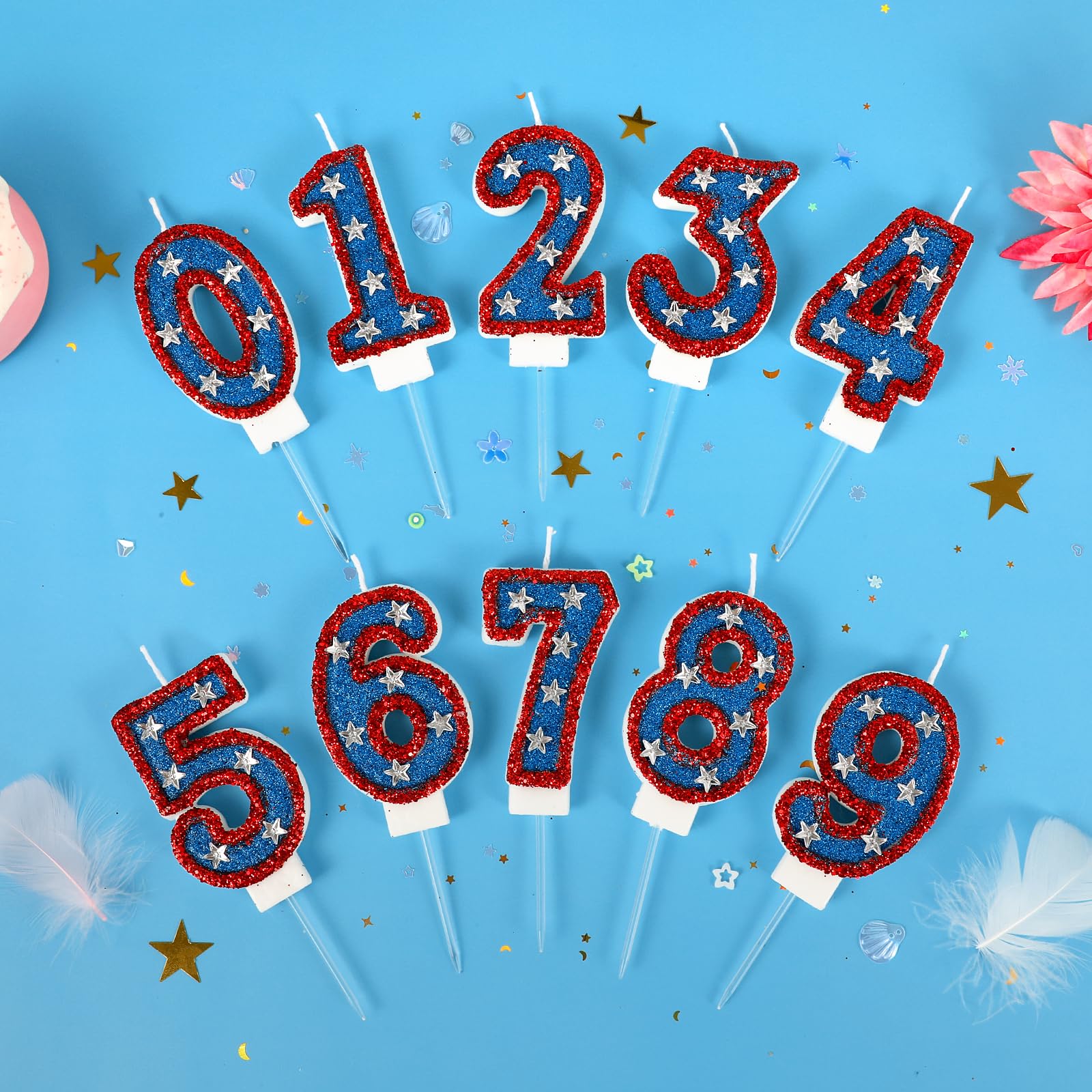 Bougies d'anniversaire en forme de chiffre 5 à paillettes rouges et bleues - Motif drapeau américain - Parfait pour le jour de l'indépendance et les fournitures de fête Captain America (numéro 5)