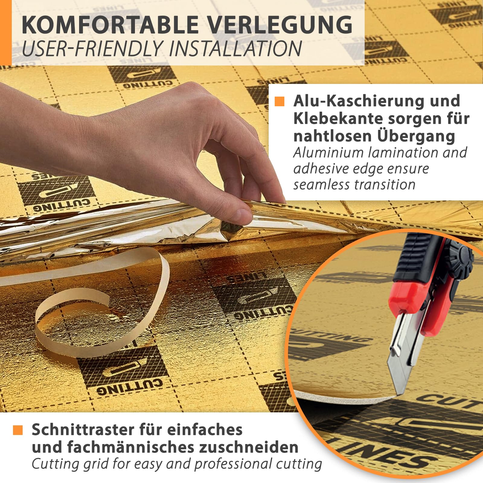 6,25m² Heizfilm-Unterlage 1,5mm XPS Trittschalldämmung mit AquaStop für Vinyl Parkett Laminat und Designbeläge 400kPa Druckfestigkeit