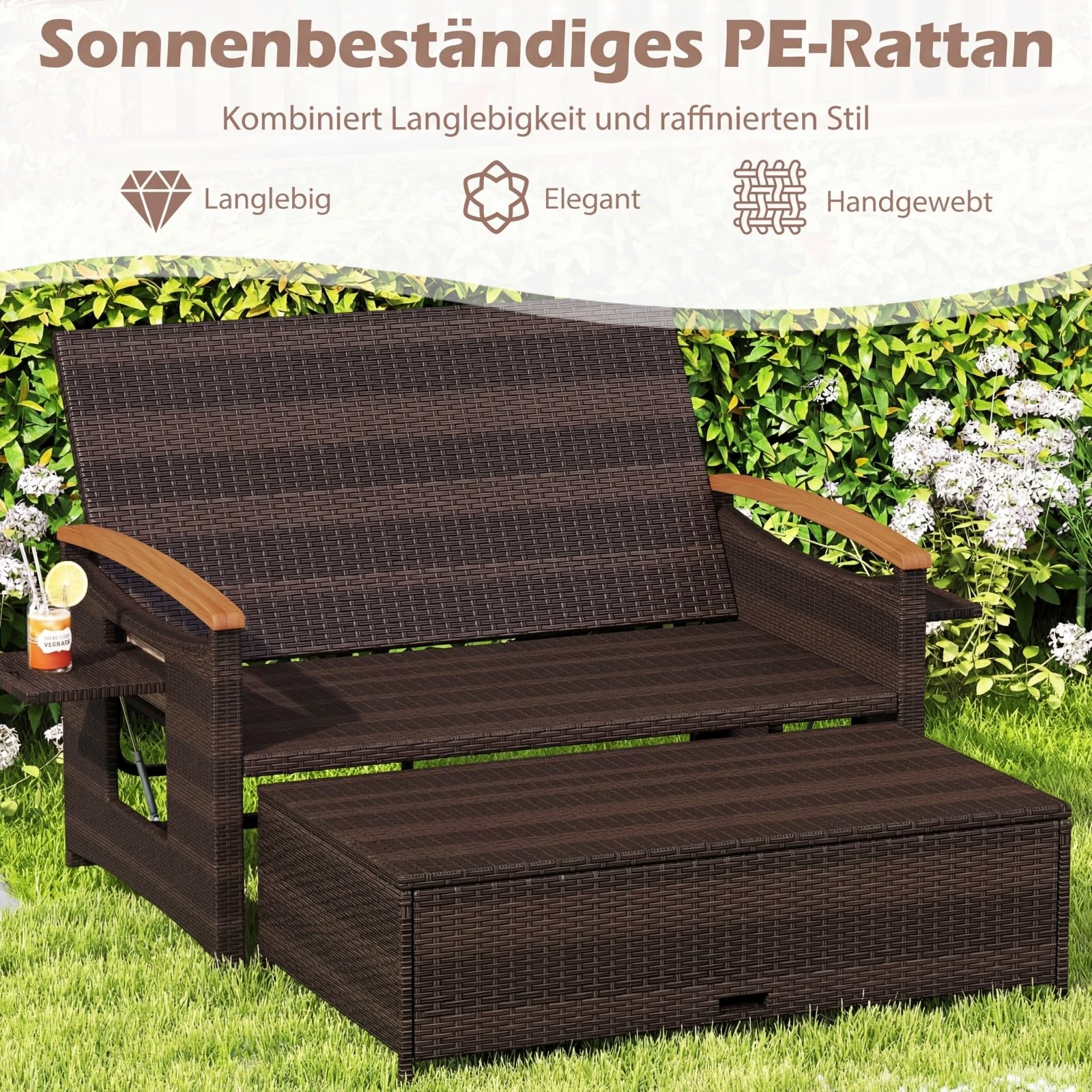 COSTWAY Rattan Lounge Sofa, Lounge Möbel Outdoor, Gartensofa mit Liegefunktion, 2-Sitzer Gartenlounge mit Kissen & Seitenablagen, Polyrattan Gartenmöbel, Balkon Möbel, Balkonmöbel Kleiner Balkon