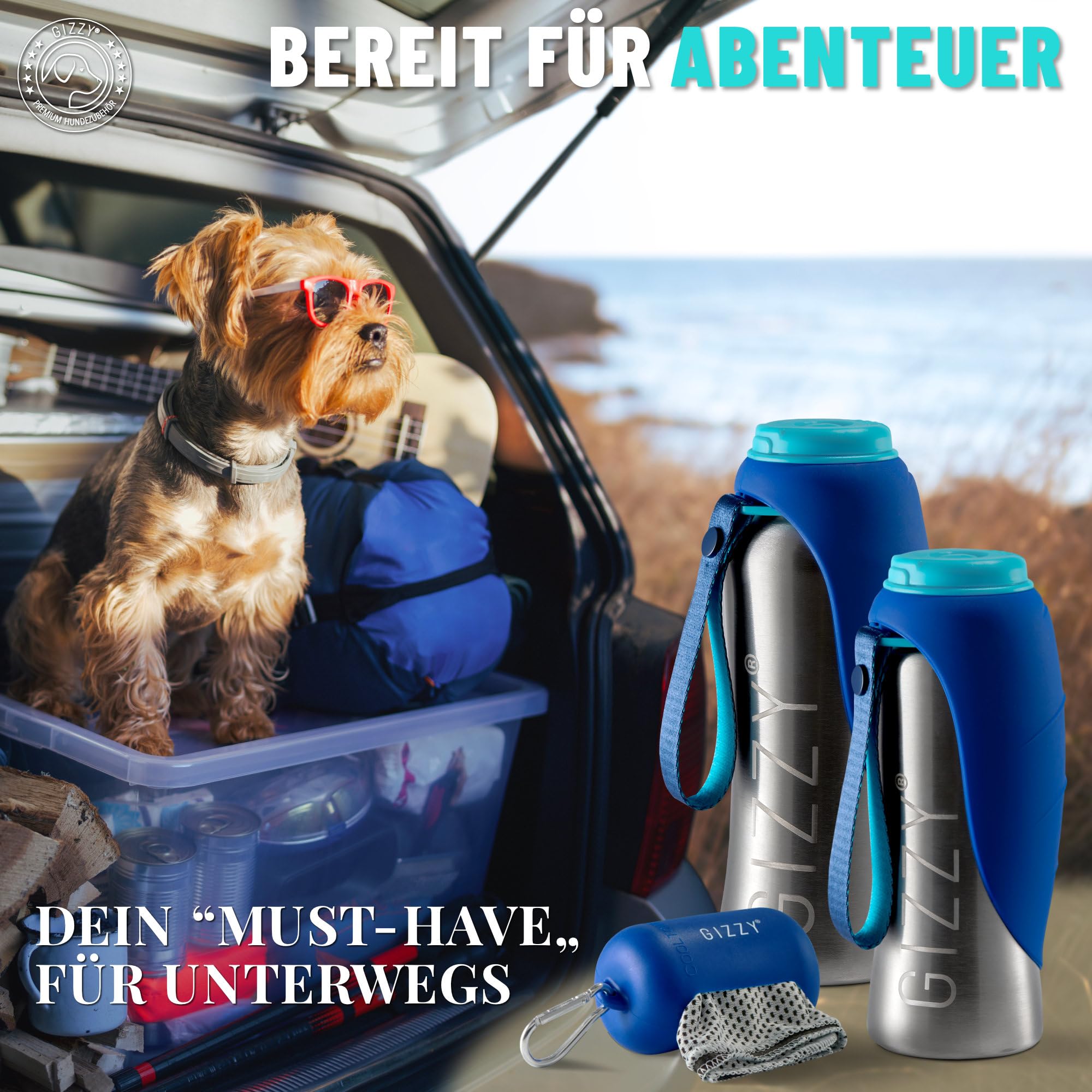 GIZZY® Gourde pour chien pour les déplacements, anti-fuite et robuste, en acier inoxydable, disponible en 2 tailles, avec serviette douce pour chien, gourde pour chien pour les déplacements pour tous