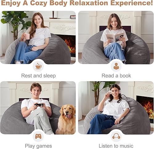 Miniatura 86 de Homguava Puf de 3.5 pies: puf de lágrima con relleno de espuma viscoelástica, sillas compactas de puf, sofá suave con funda de pana (gris)