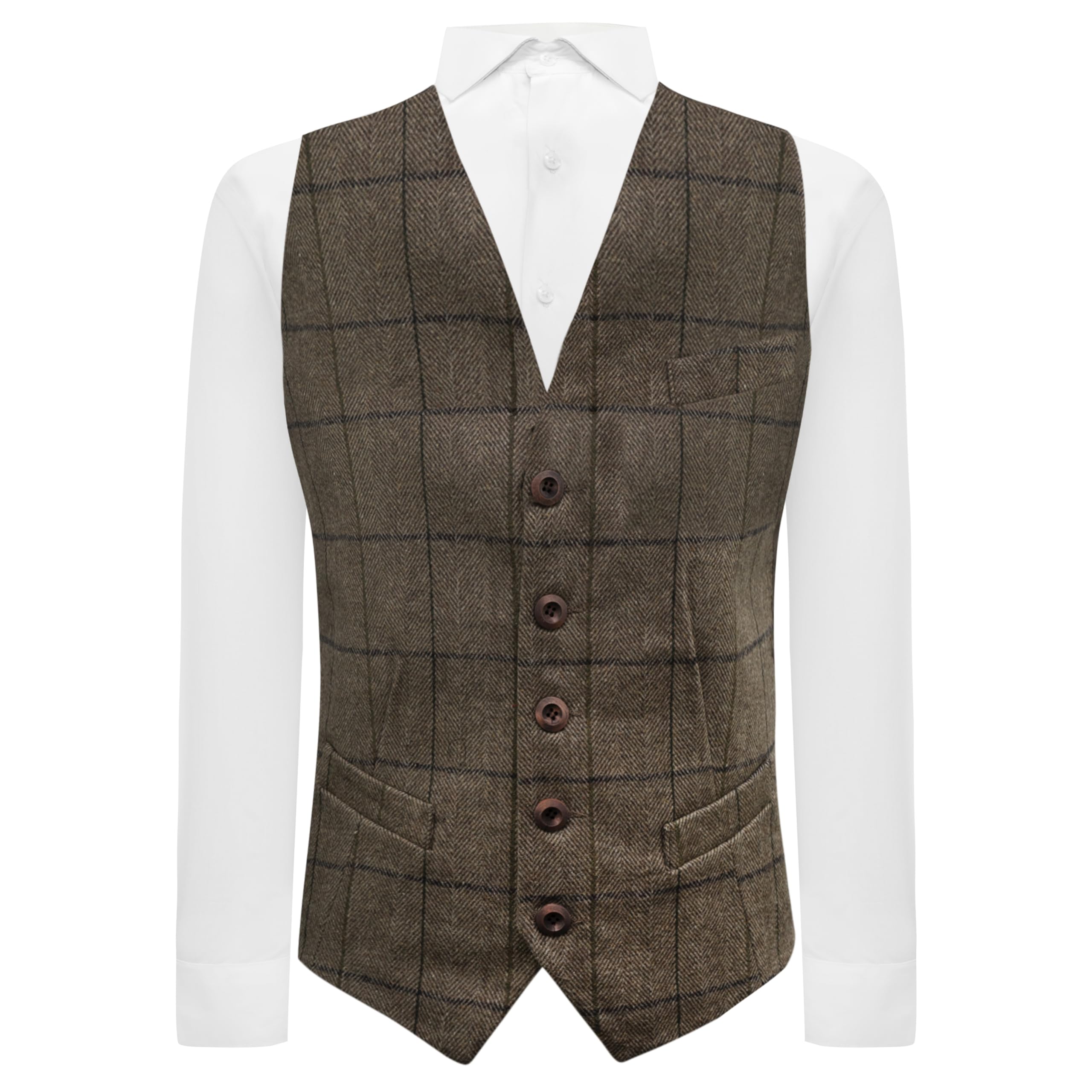 King & Priory Peanut Brown Herringbone Check Waistcoat - XXL