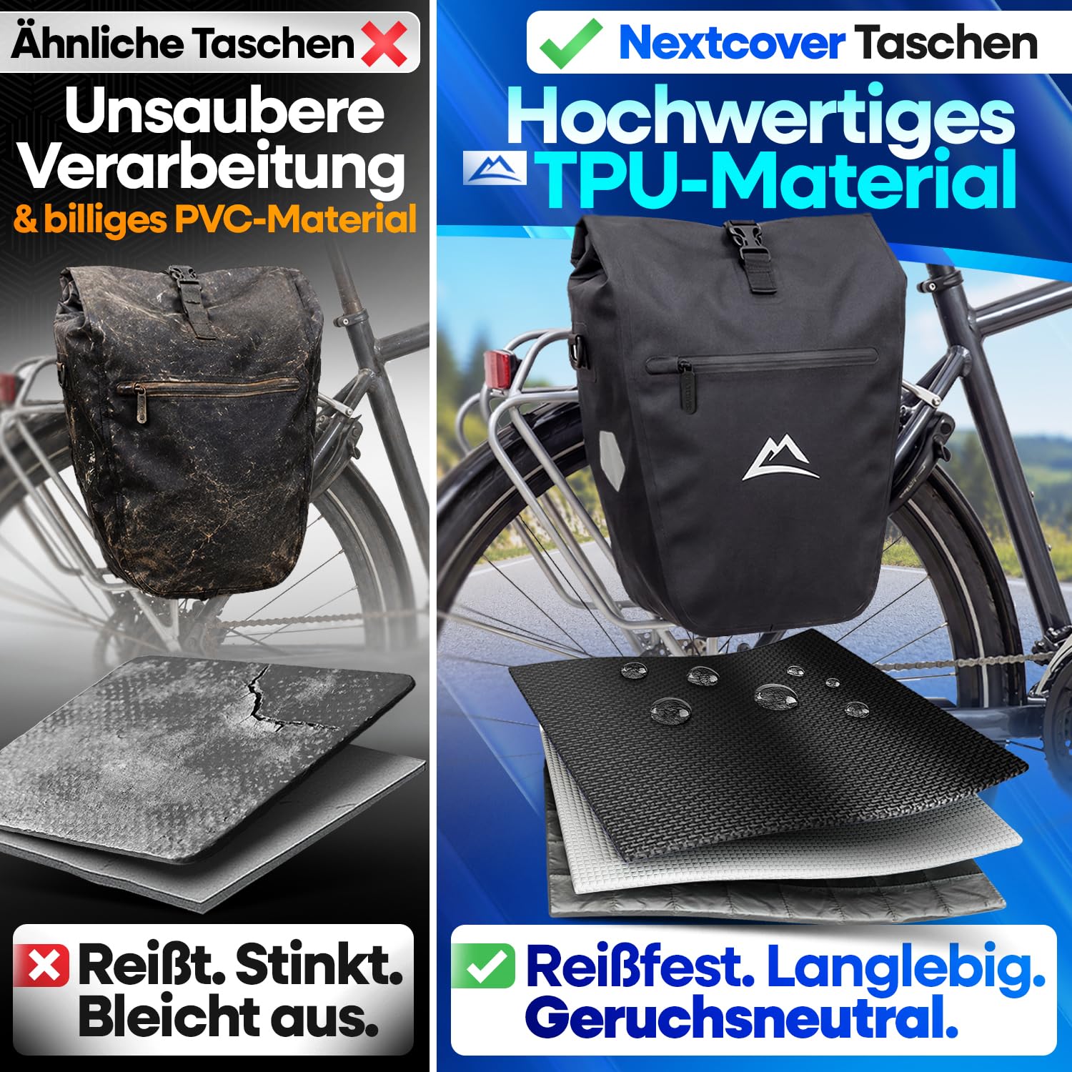 Nextcover® Fahrradtasche für Gepäckträger [AquaShield-TPU] I 100% wasserdichte Gepäckträgertasche mit klick-System & Rollverschluss I Reflektierende Fahrrad Tasche Inkl. Tragegurt, Fahrradtaschen