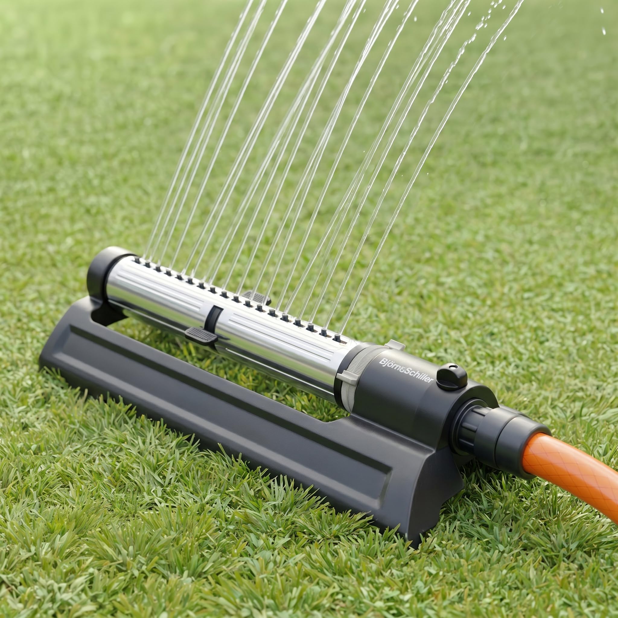 Björn&Schiller Oszillierender Rasensprenger, Viereckregner mit 18 Düsen, Einstellbarer automatischer Gartensprenger, Bewässerungsfläche bis zu 180 m², Sprinkler für Gartenbewässerung, inkl. Filter
