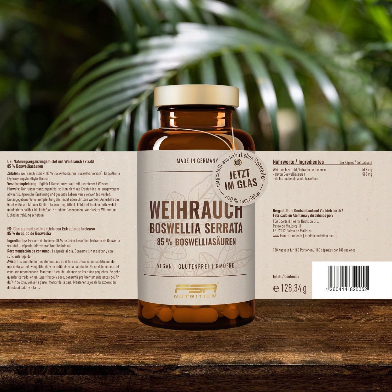 Weihrauch Kapseln 1176 mg Extrakt - 85% Boswelliasäure - 180 Weihrauchkapseln hochdosiert im Glas - Boswellia Serrata - Laborgeprüfte Qualität & frei von Zusätzen - FSA Nutrition