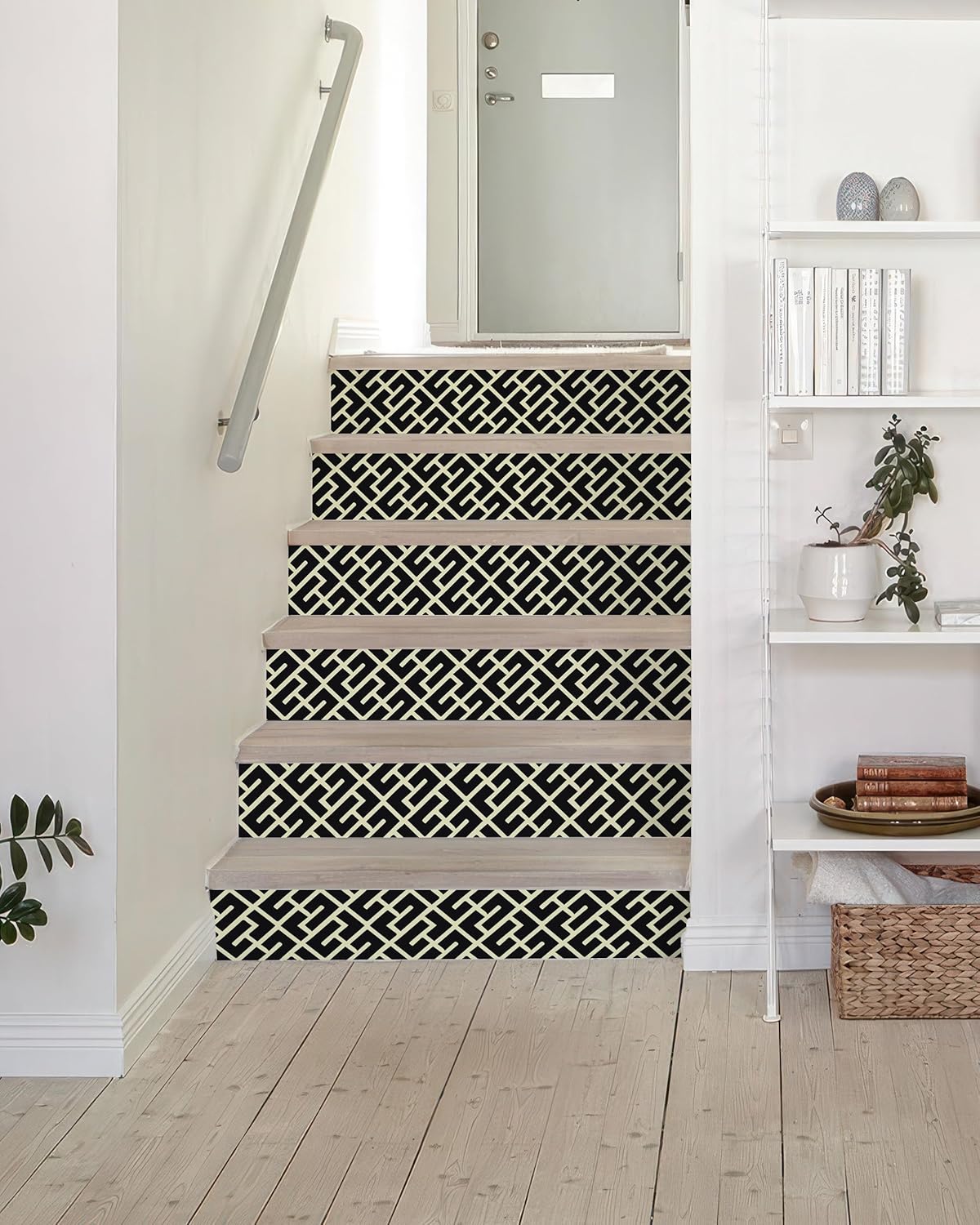 FLFK Geometric Pattern Stair Decals, Black and Cream, Vinyl, 39.3 x 7.08 Inch, Set of 7, Peel and Stick, Modern Design, Removable, for Interior Home Decor