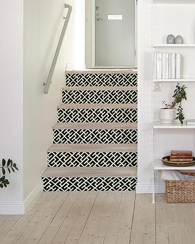 FLFK Geometric Pattern Stair Decals, Black and Cream, Vinyl, 39.3