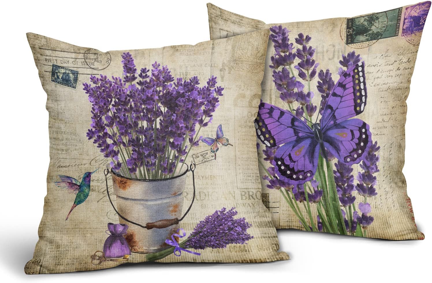 Natural Vintage Farmhouse Pillowcase Lavender Purple Flowers Pillow Cover Bird