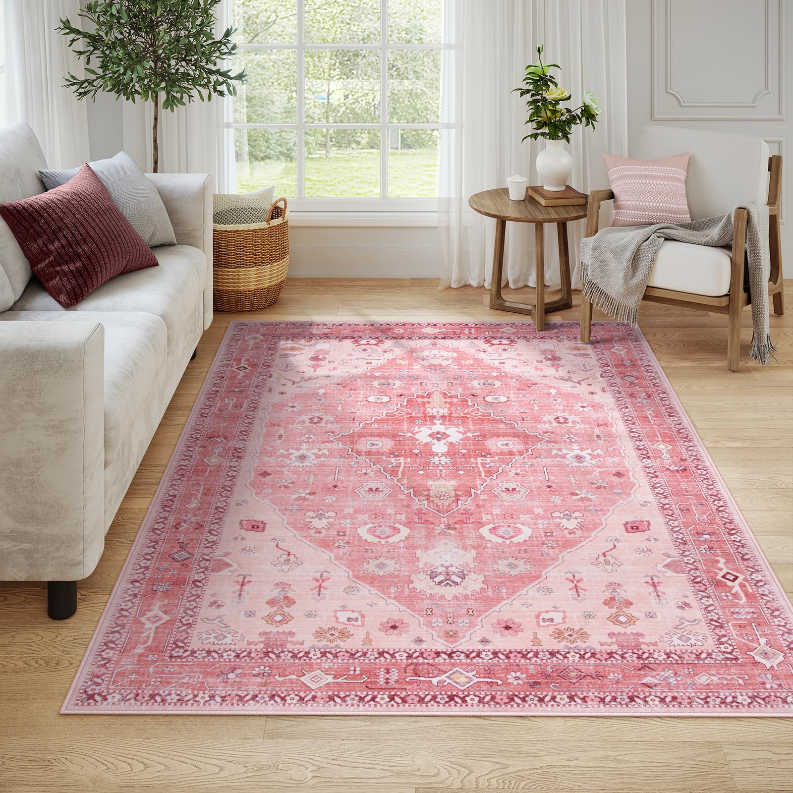 Lahome Alfombras rosas lavables de 5 x 7 pies para dormitorio de niñas, estilo bohemio, tribal, para cuarto de bebé, sala de estar, alfombra vintage suave antideslizante para interiores, dormitorio,
