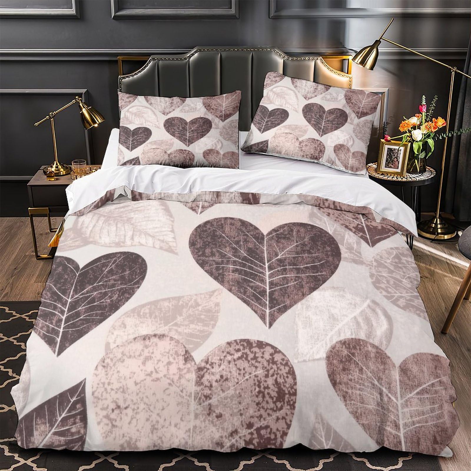 Housse de couette respirante feuilles en cœur 3D en microfibre anti-plis à fermeture éclair
