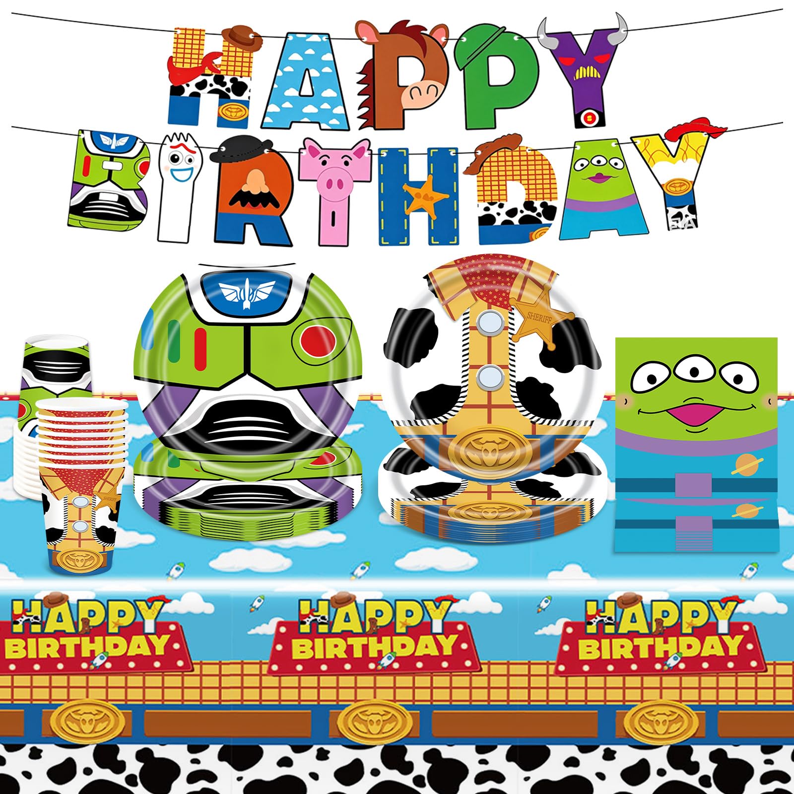 62Pcs Story Party Supplies Tableware Set, Toy Birthday Decoration Set Party Supplies with Plates, Cups, Napkins, Table Cloth, Banner for 20 Guests - Boys Girls Children