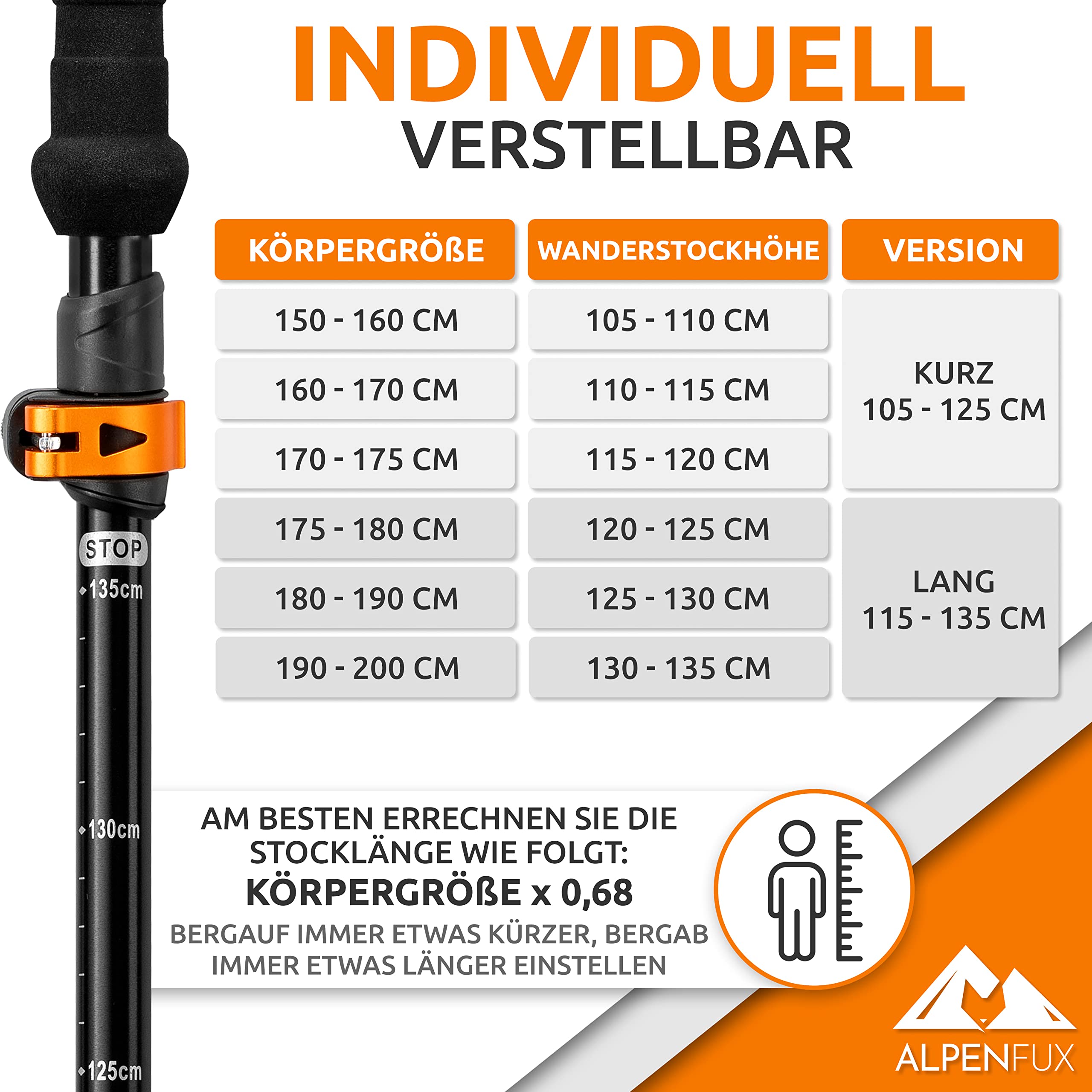 ALPENFUX Wanderstöcke faltbar, Trekkingstöcke, Nordic Walking Stöcke, leicht und verstellbar mit Klemmverschluss und Korkgriff für Damen und Herren, schwarz, orange